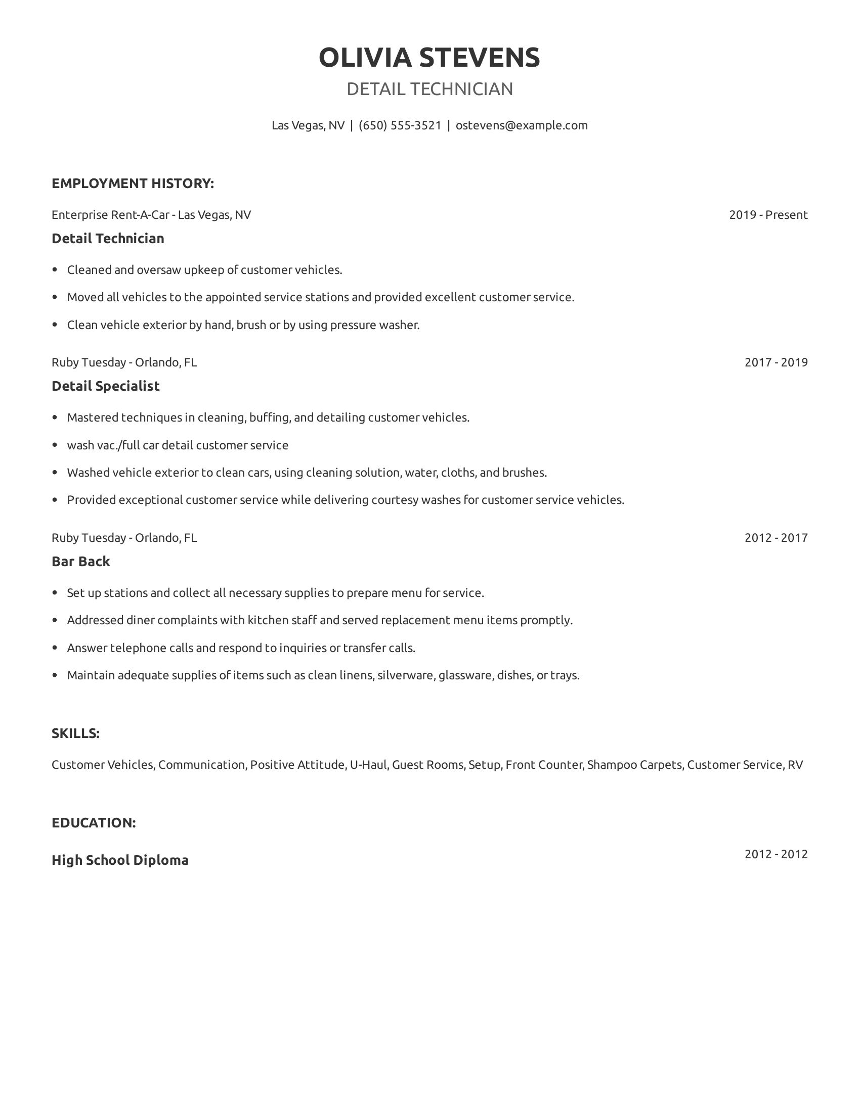 Detail Technician resume example