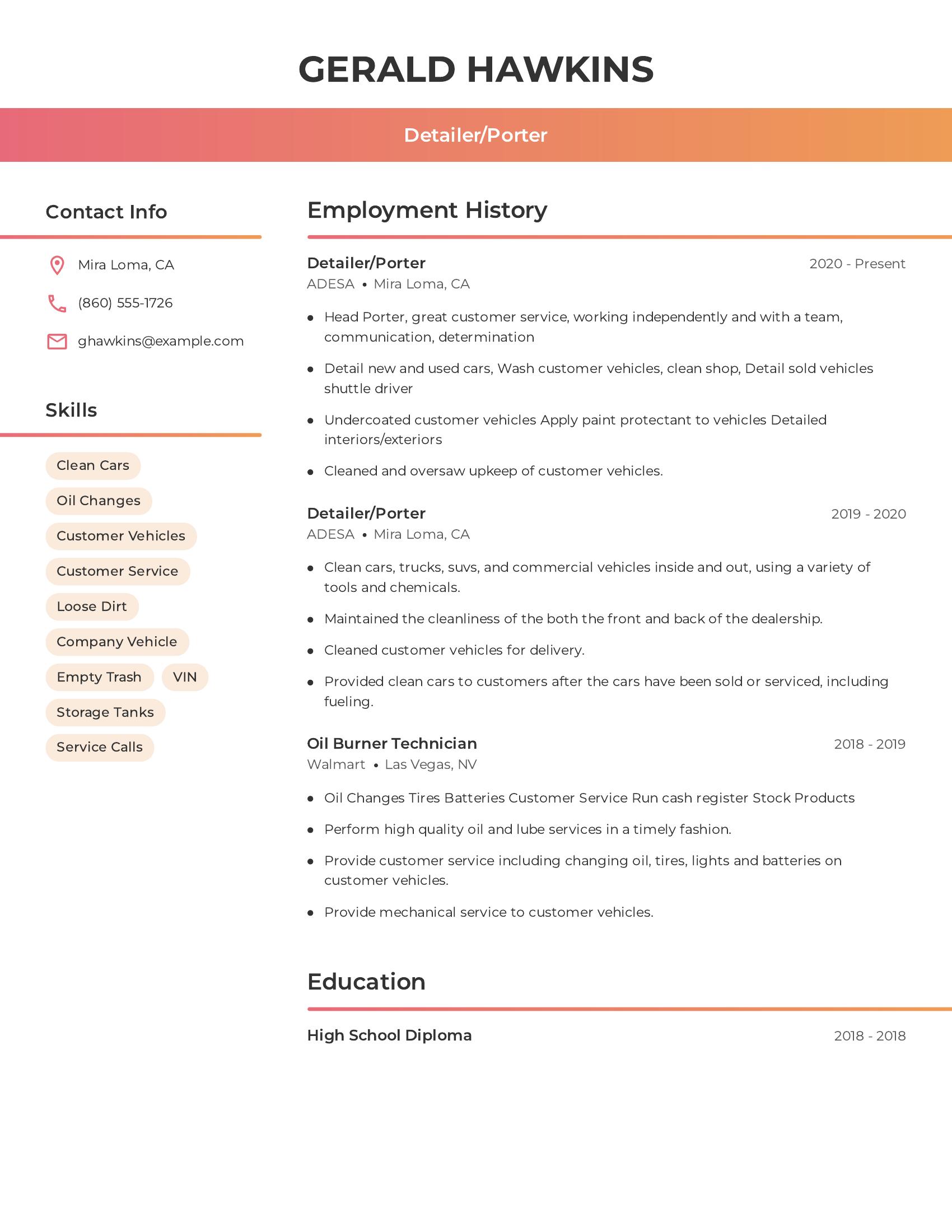 Detailer/Porter resume example