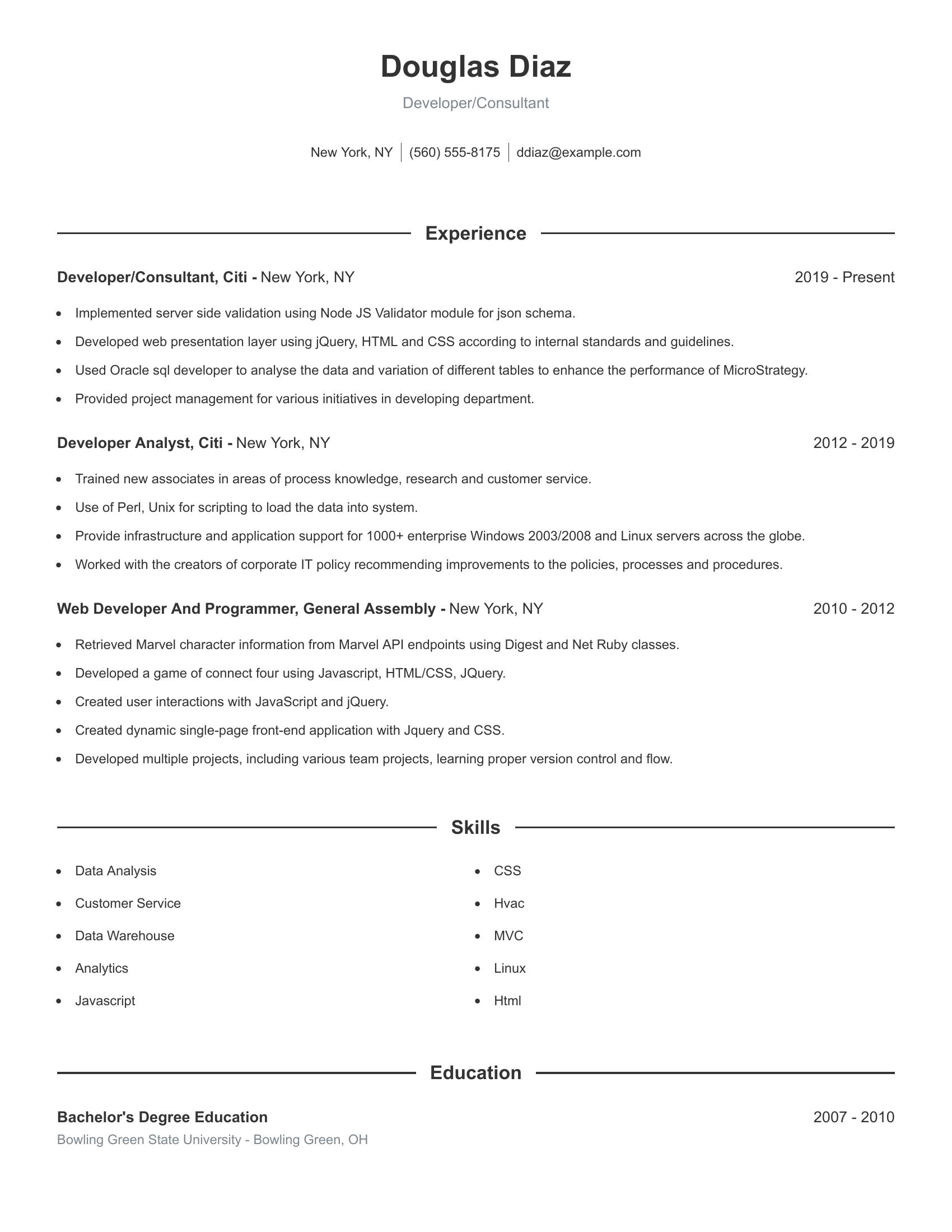 Developer/Consultant resume example