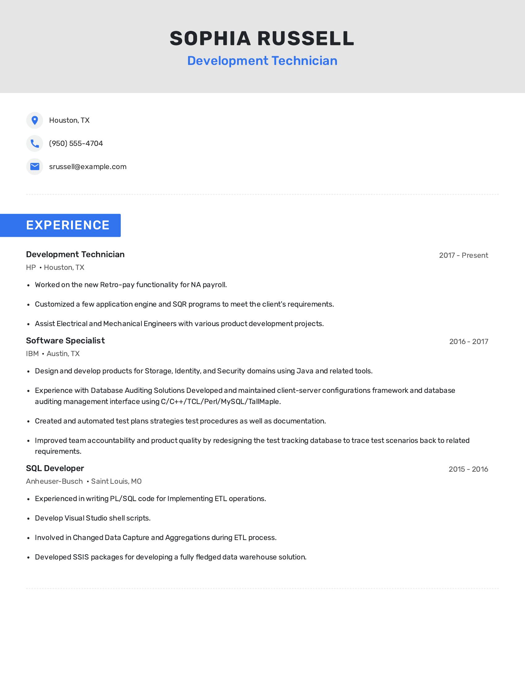 Development Technician resume example