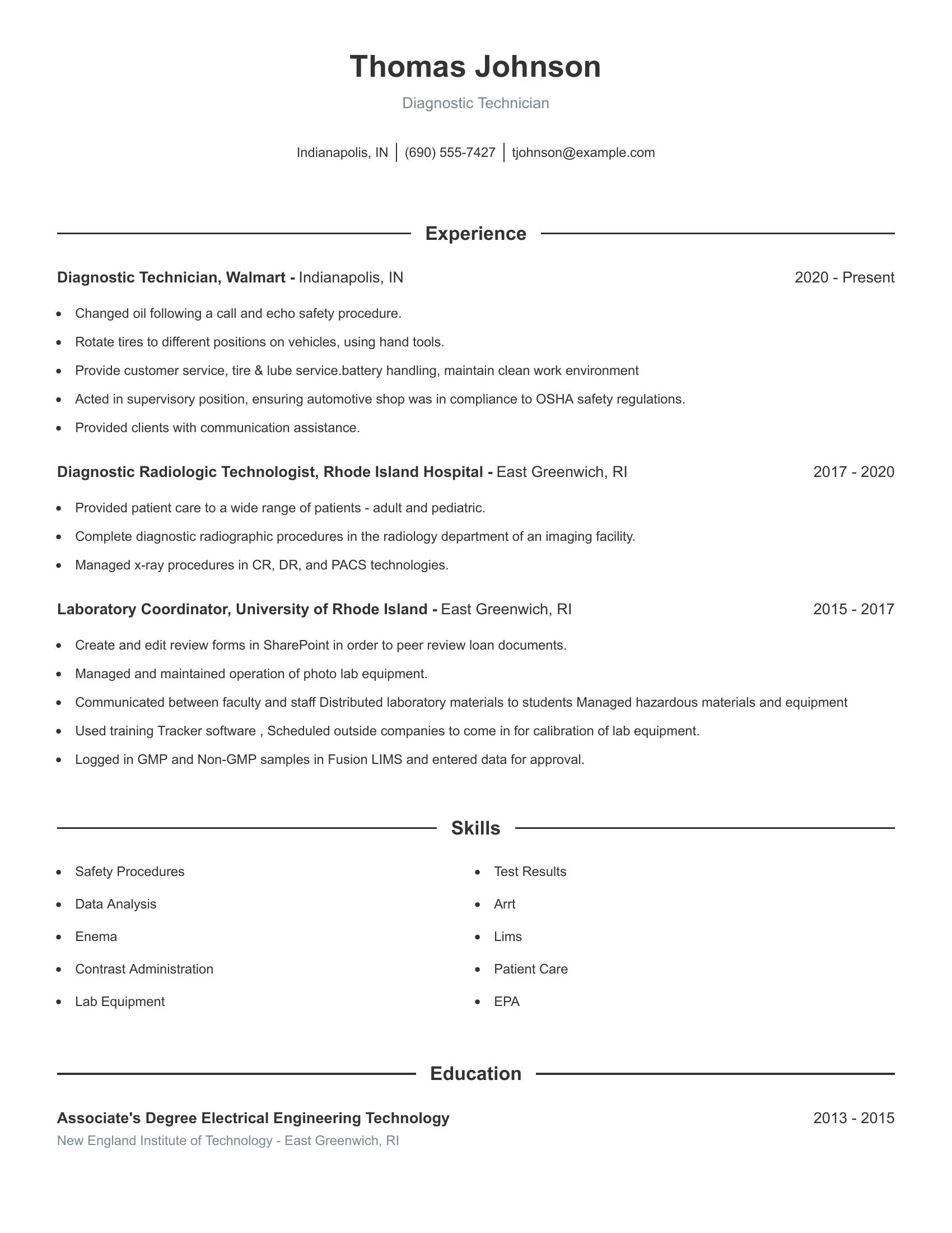 Diagnostic Technician resume example