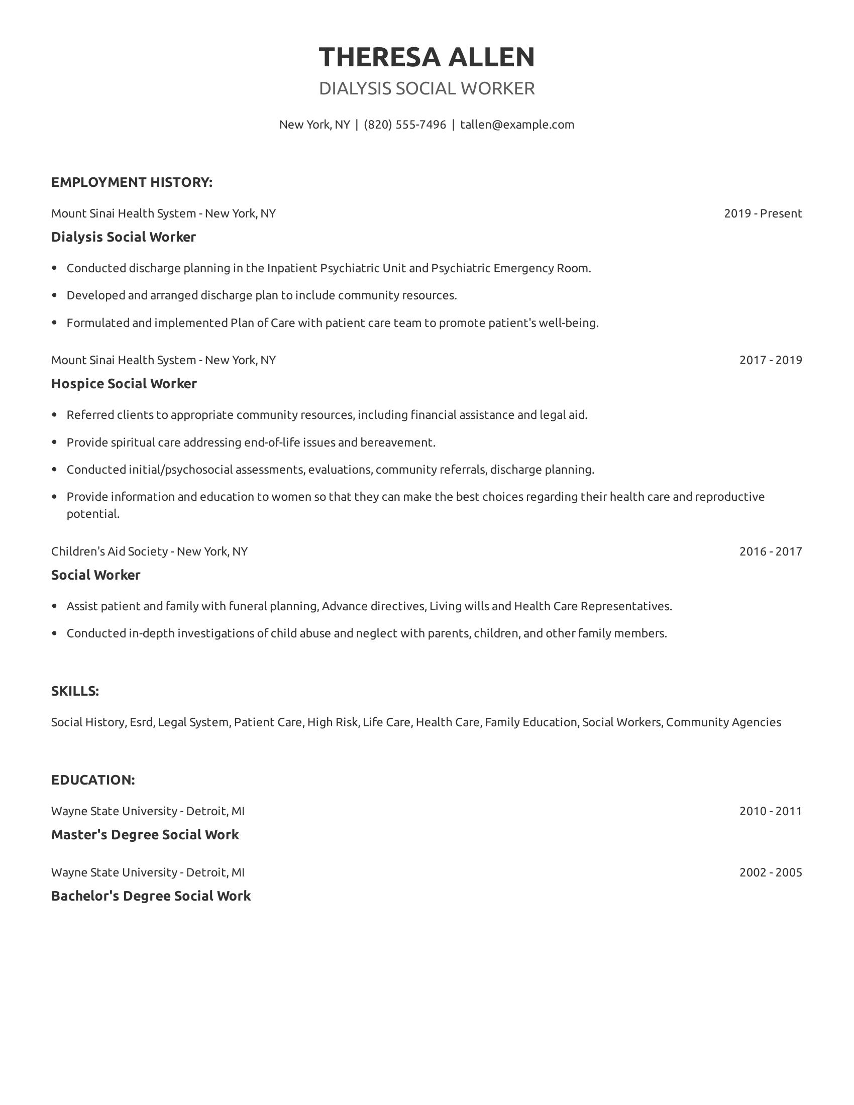 Dialysis Social Worker resume example