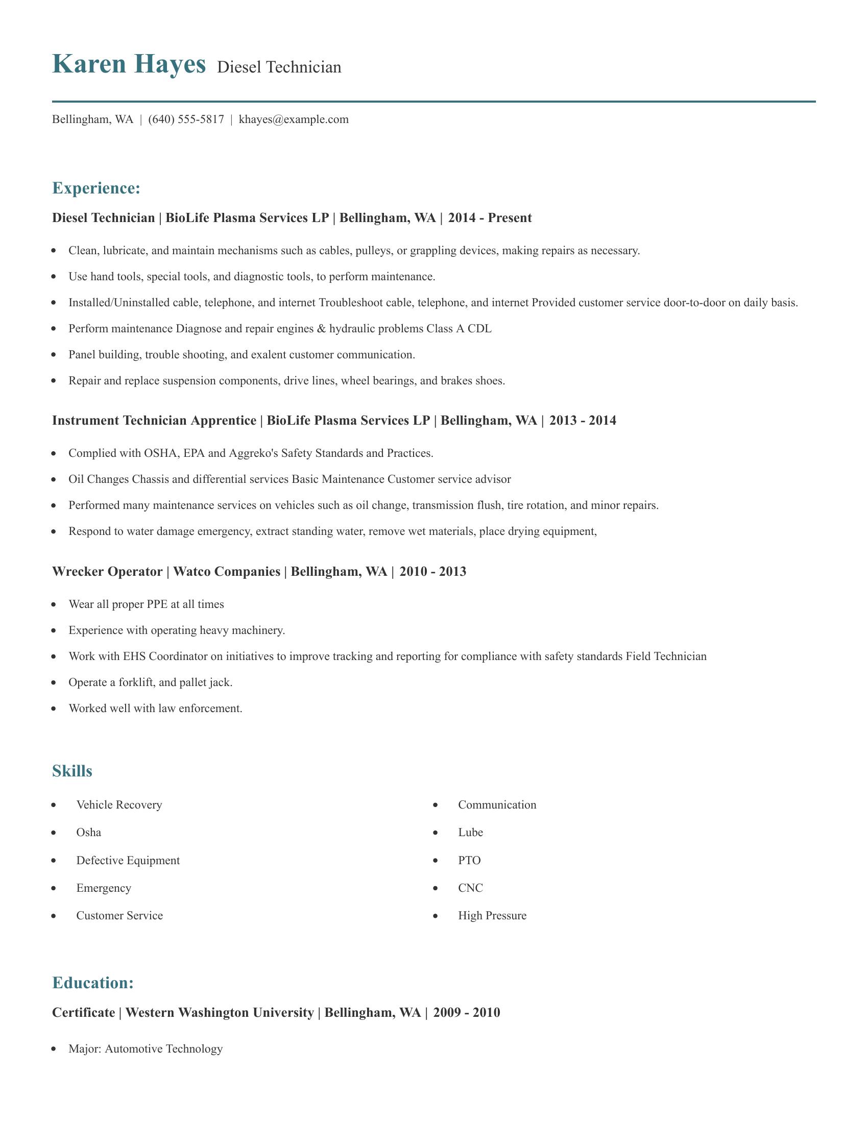 Diesel Technician resume example