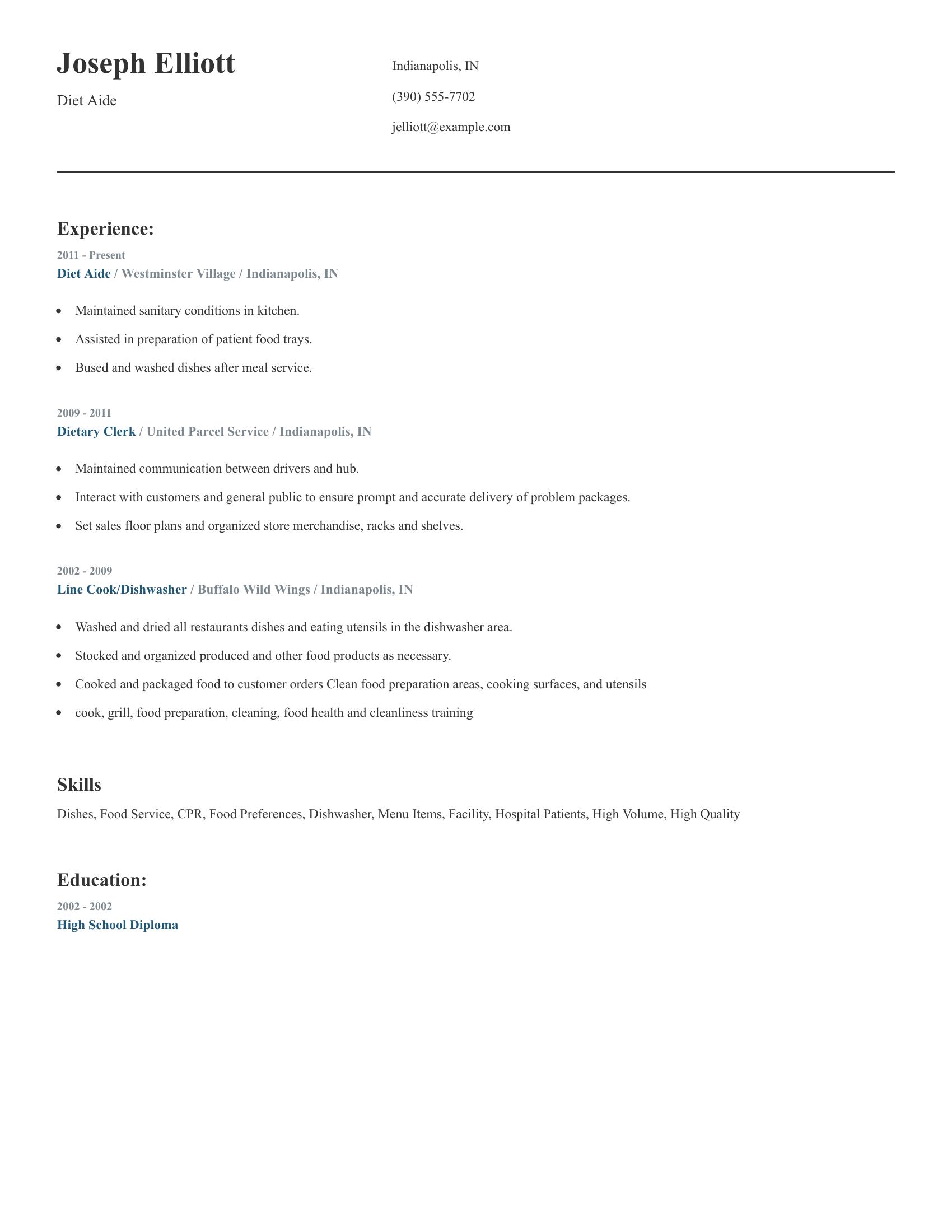 Diet Aide resume example