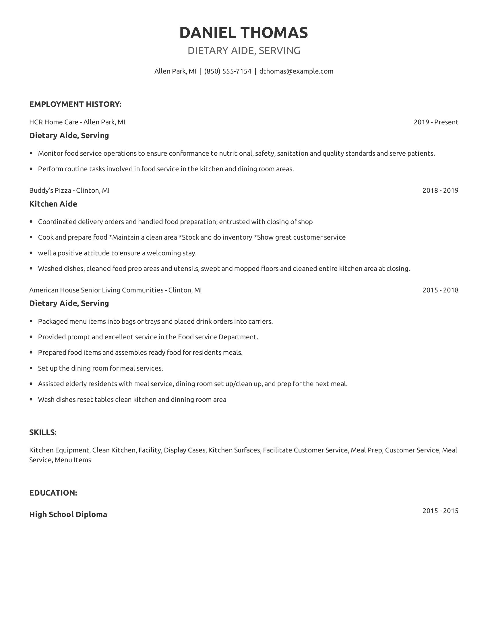 Dietary Aide, Serving resume example