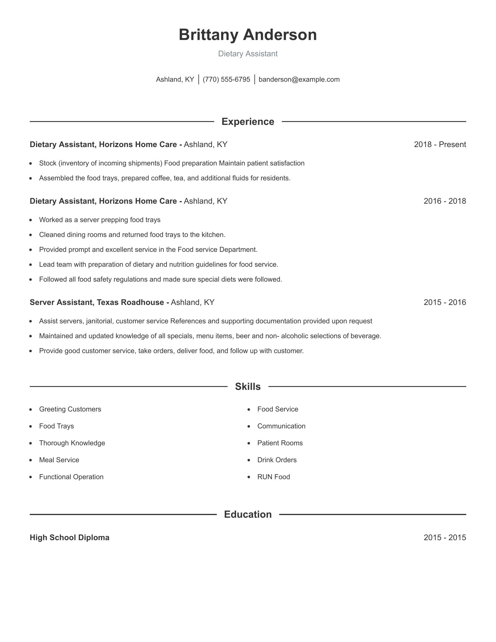 Dietary Assistant resume example