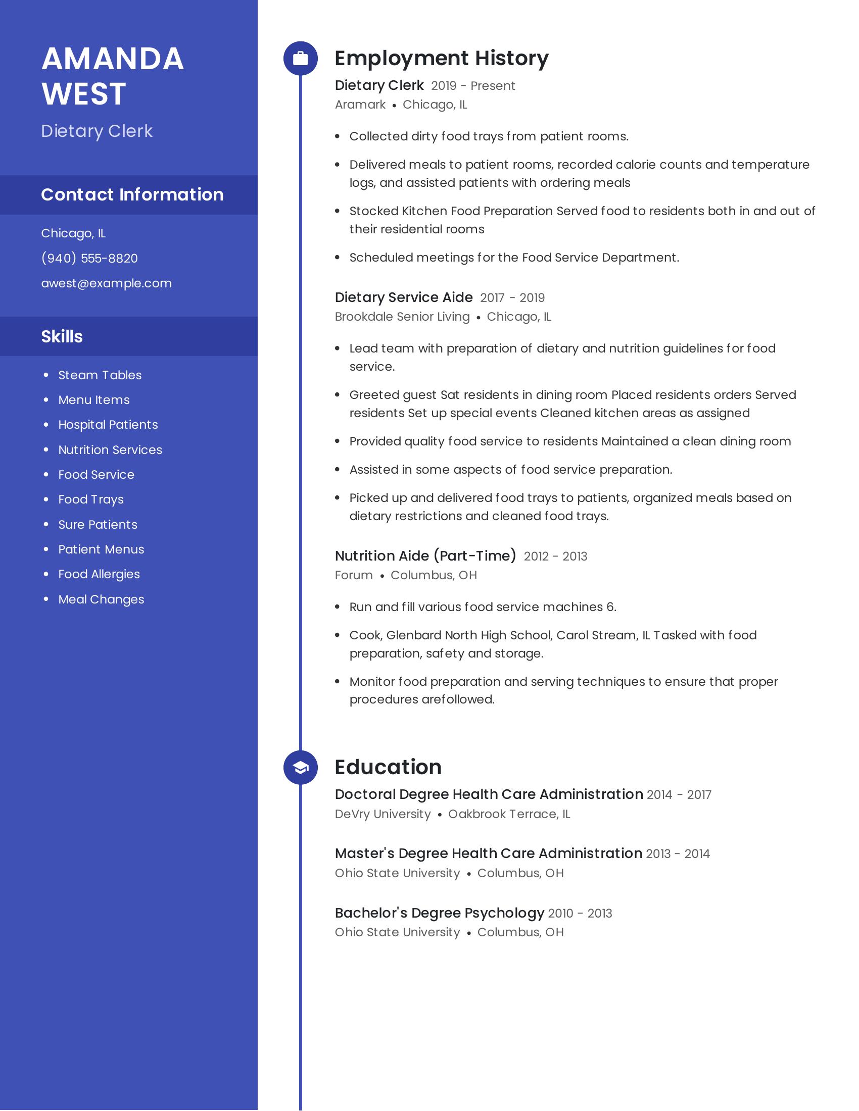 Dietary Clerk resume example