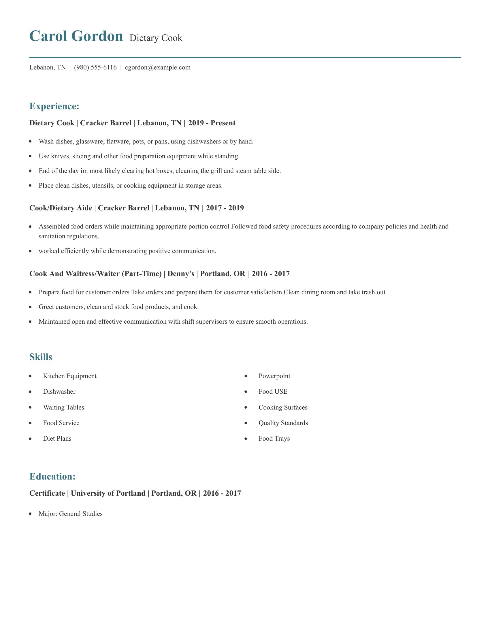 Dietary Cook resume example