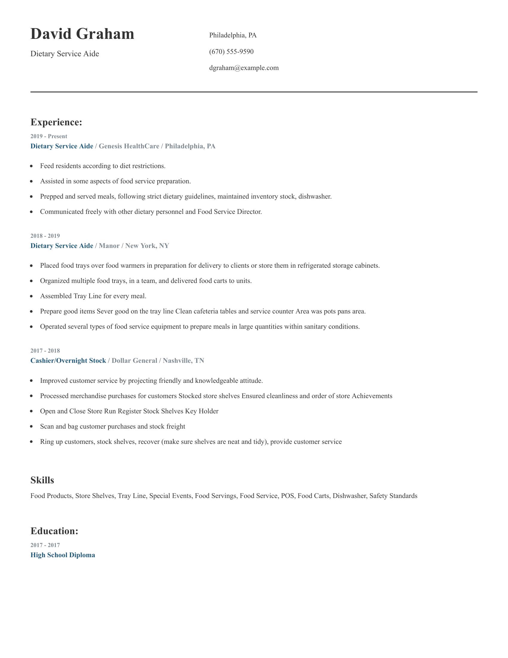 Dietary Service Aide resume example