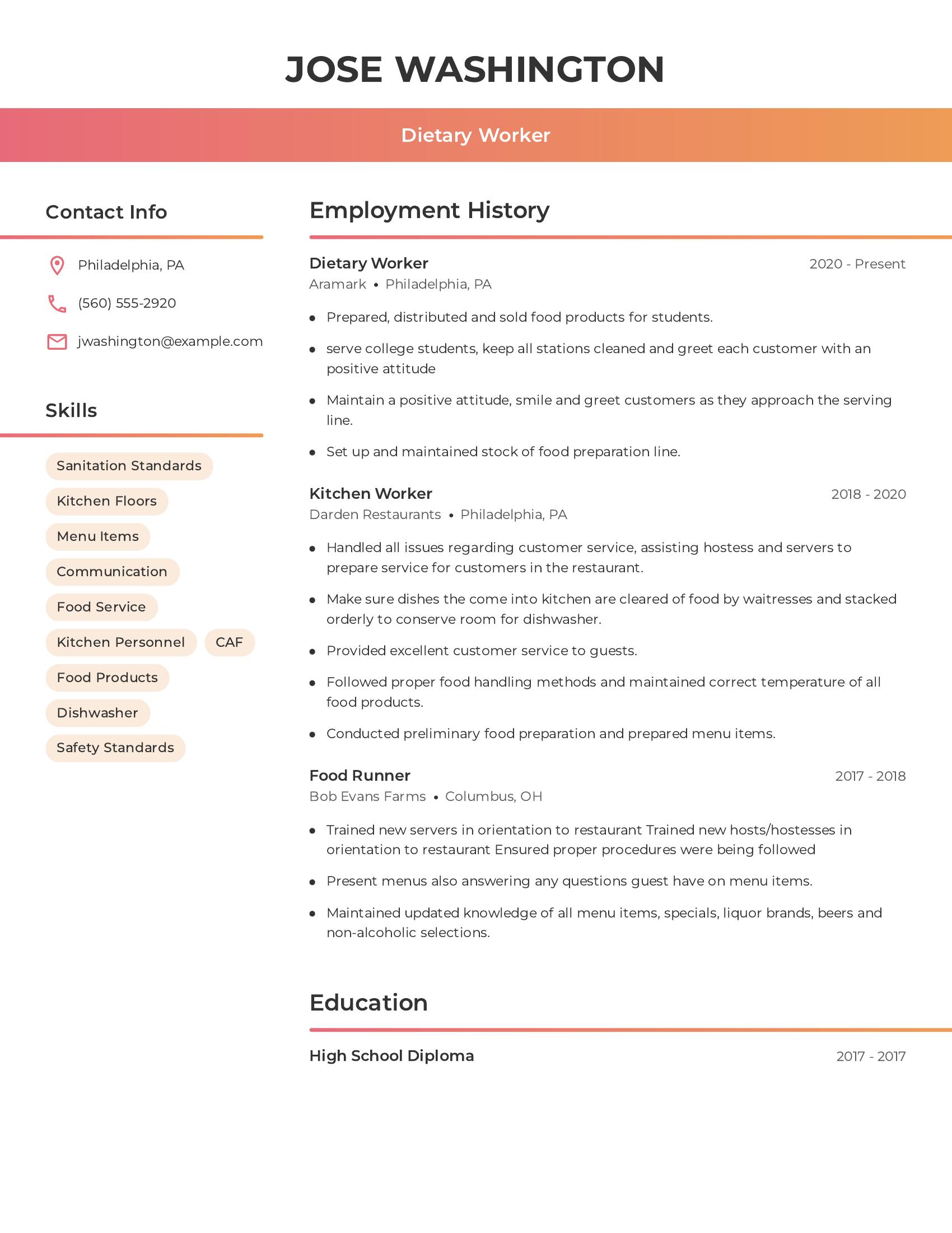 Dietary Worker resume example