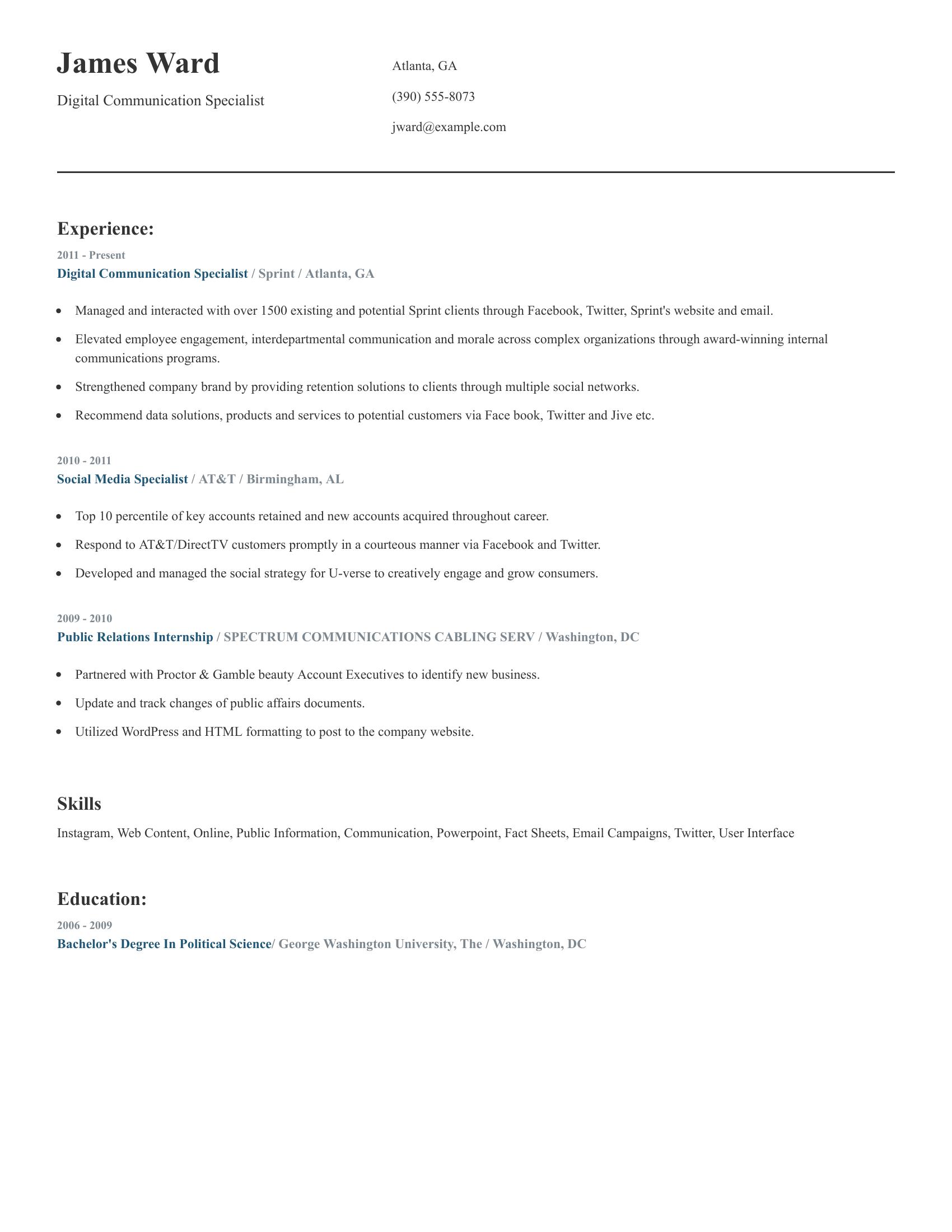 Digital Communication Specialist resume example