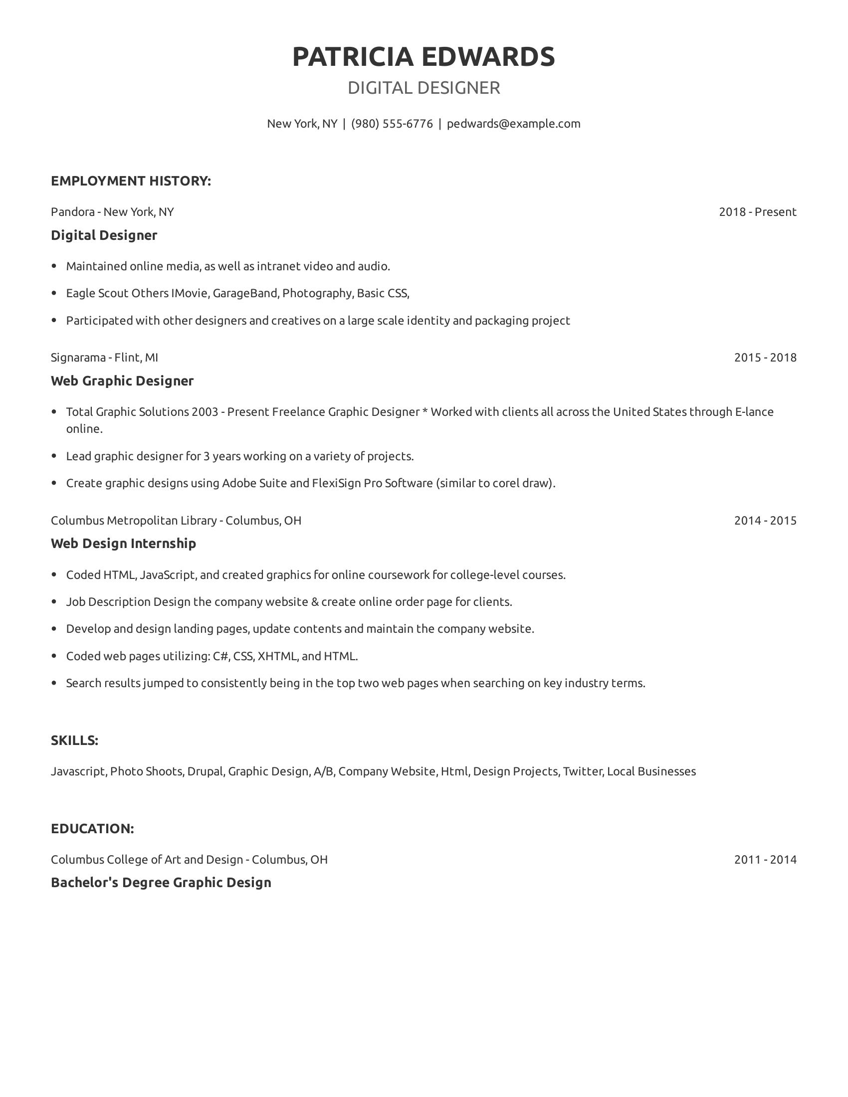 Digital Designer resume example