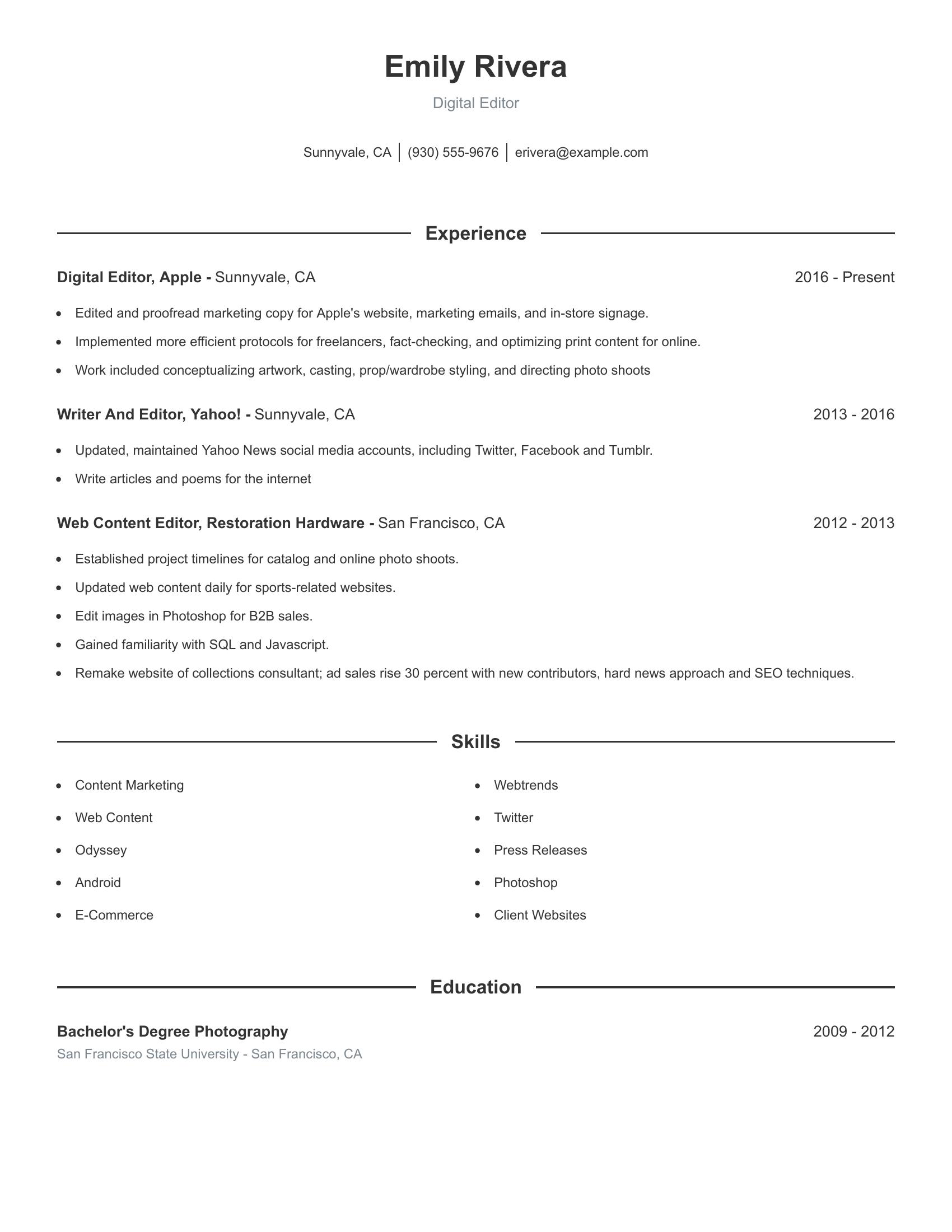 Digital Editor resume example