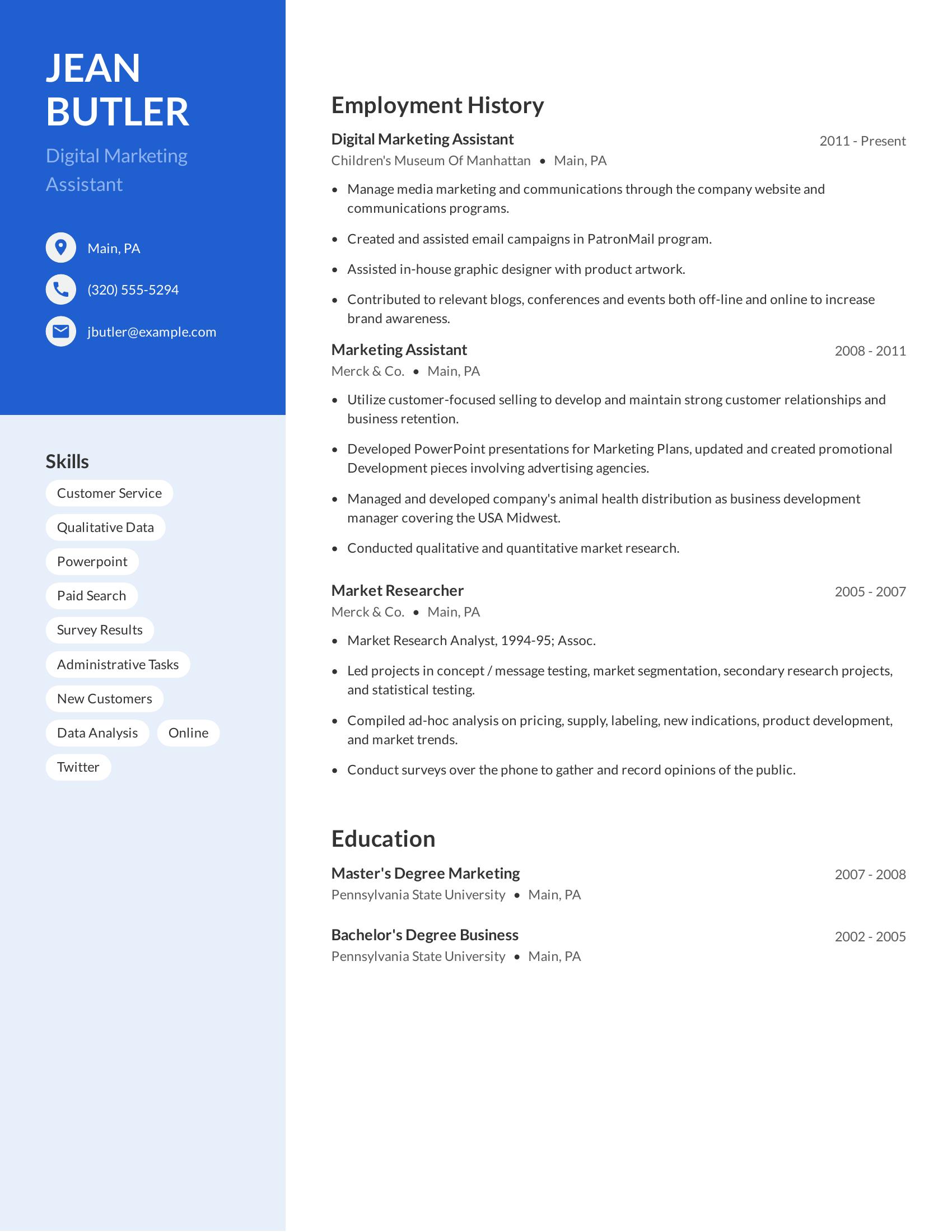 Digital Marketing Assistant resume example