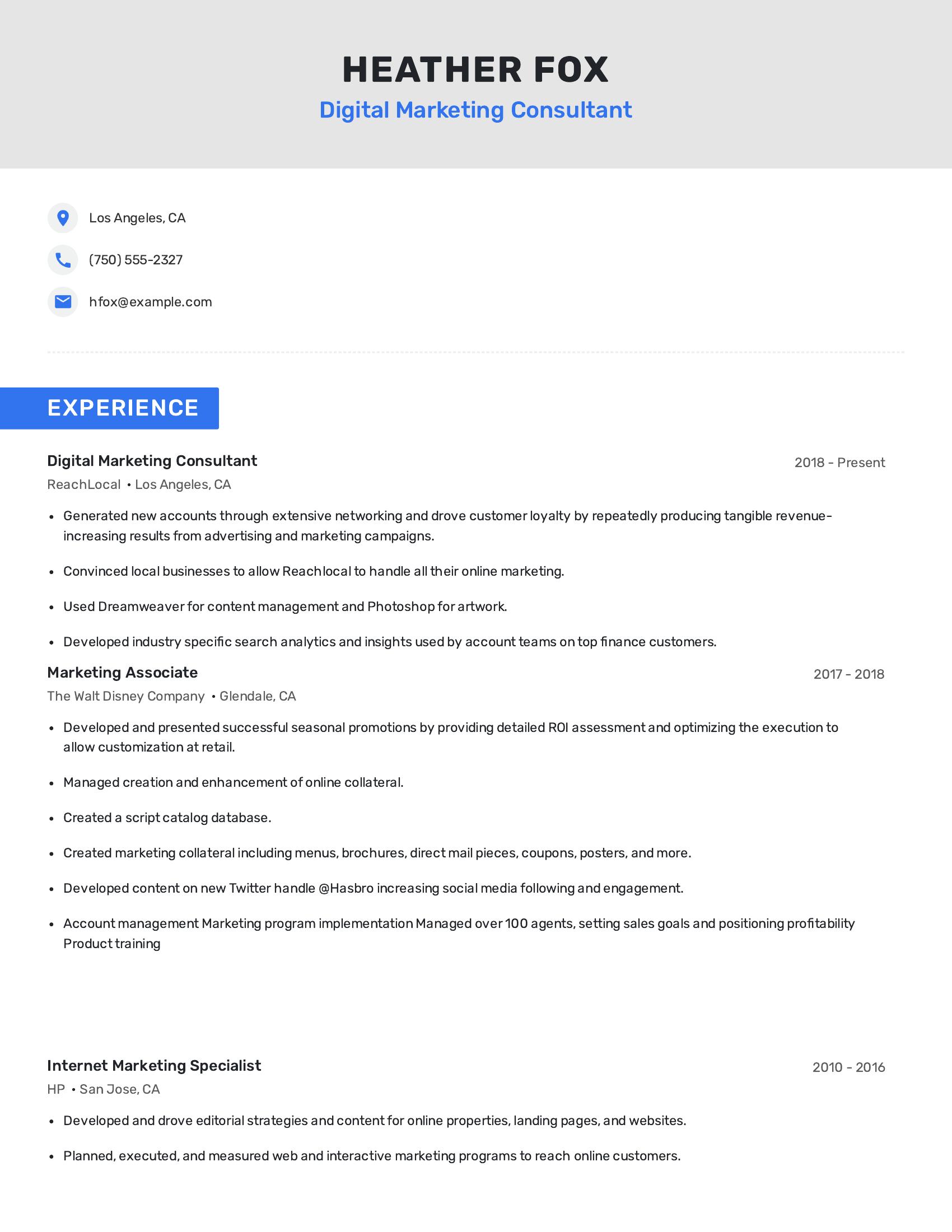 Digital Marketing Consultant resume example