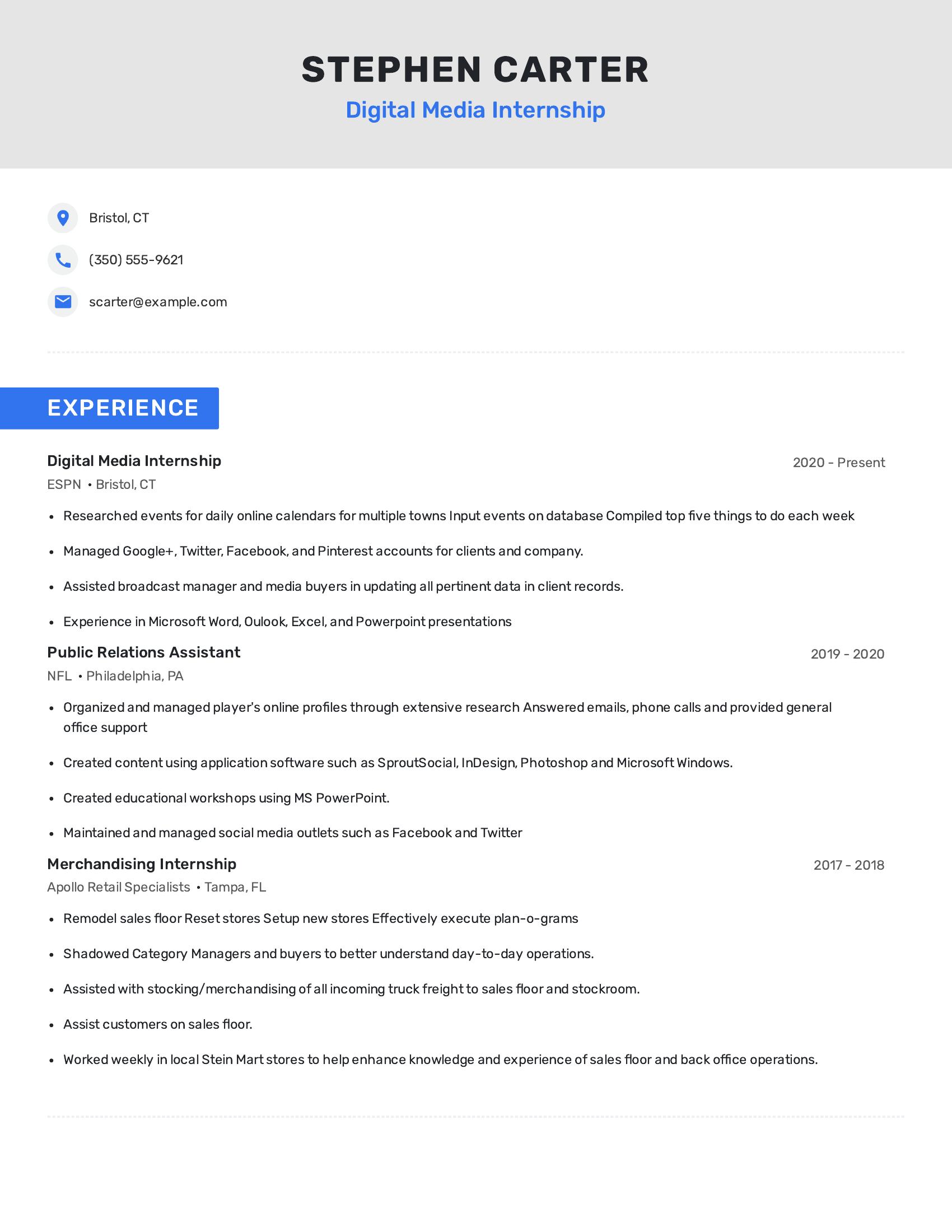 Digital Media Internship resume example