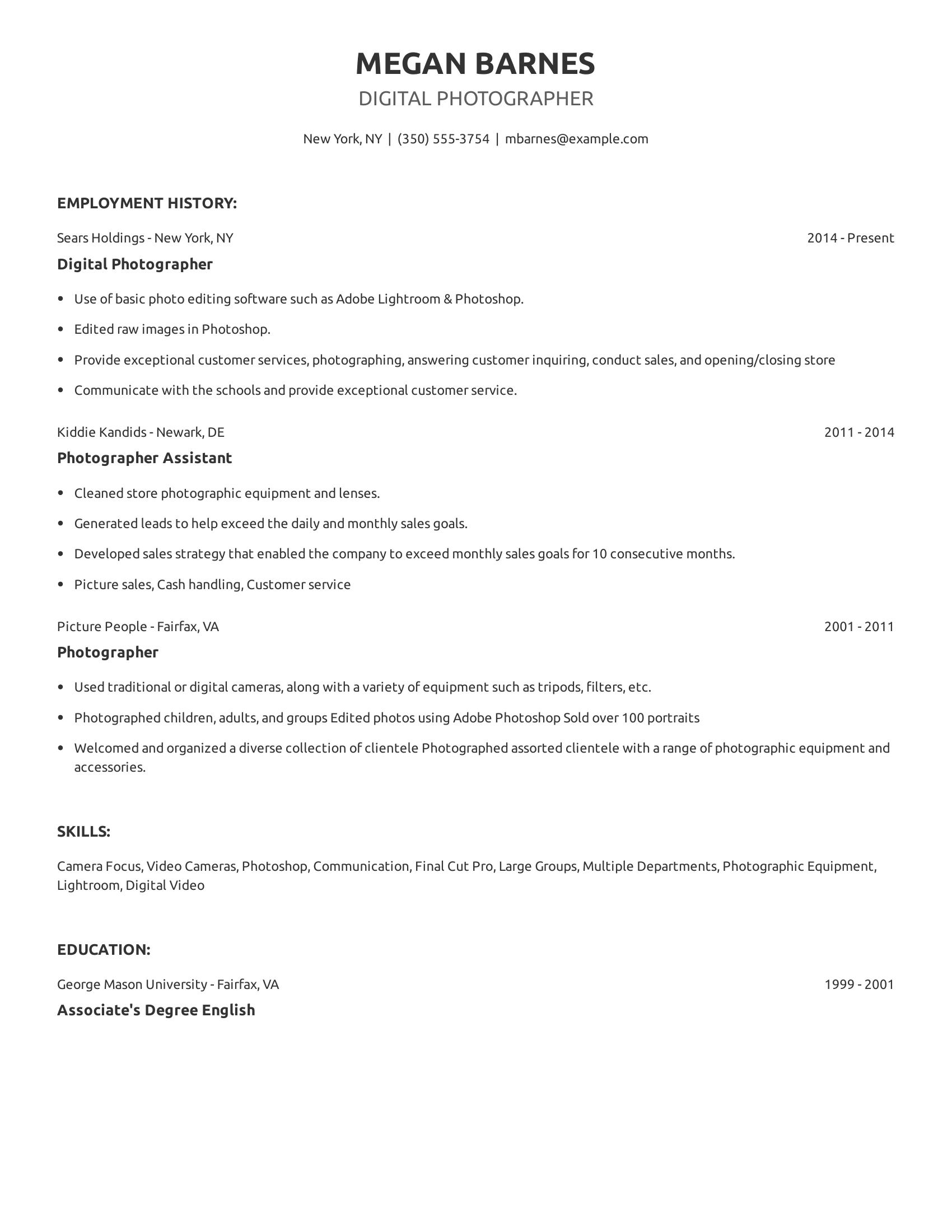 Digital Photographer resume example