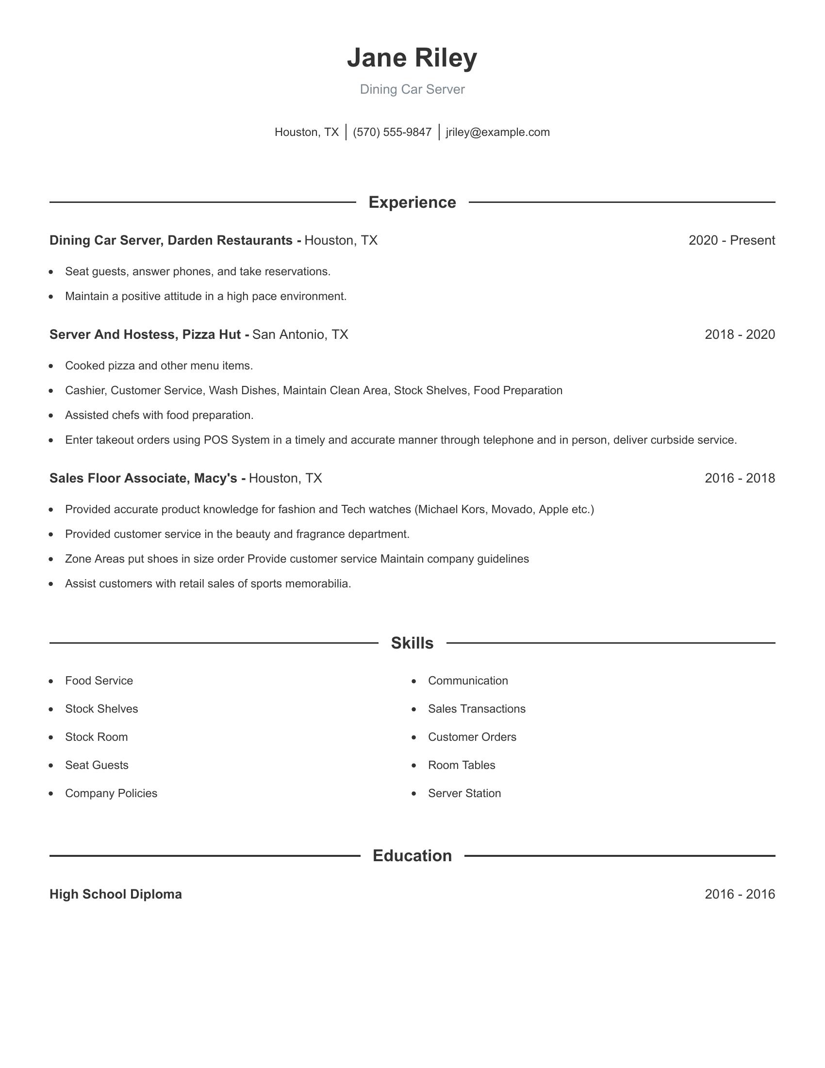 Dining Car Server resume example