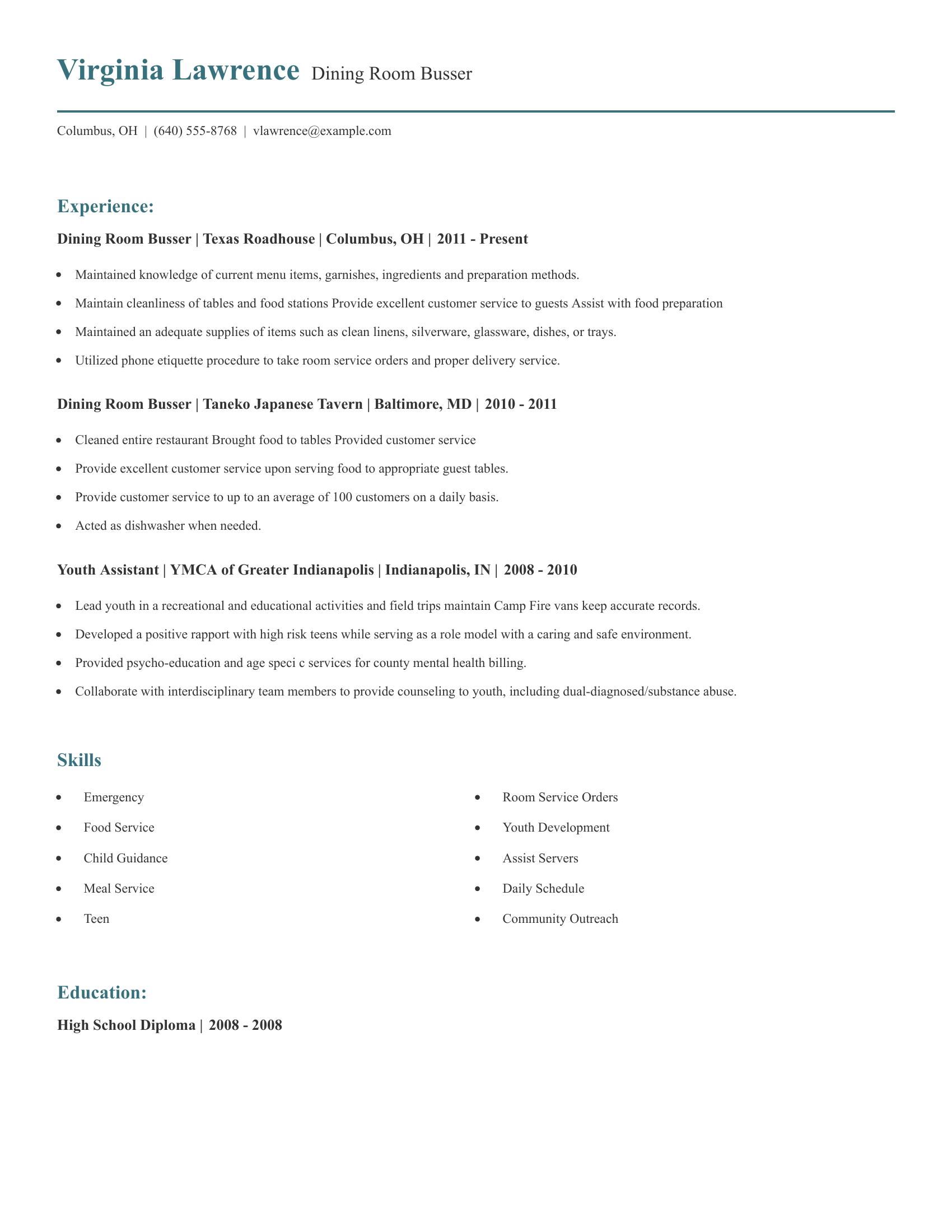 Dining Room Busser resume example