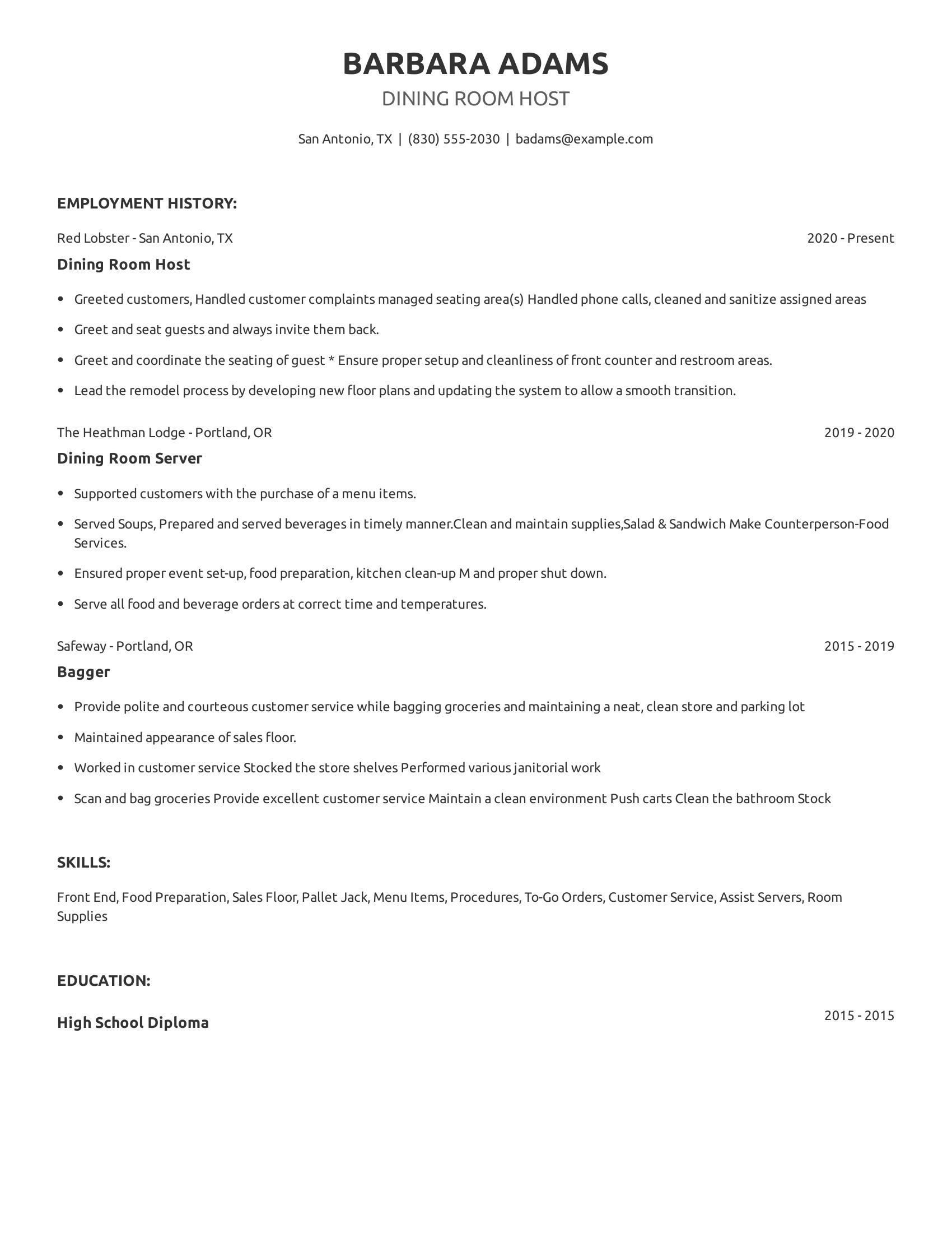 Dining Room Host resume example