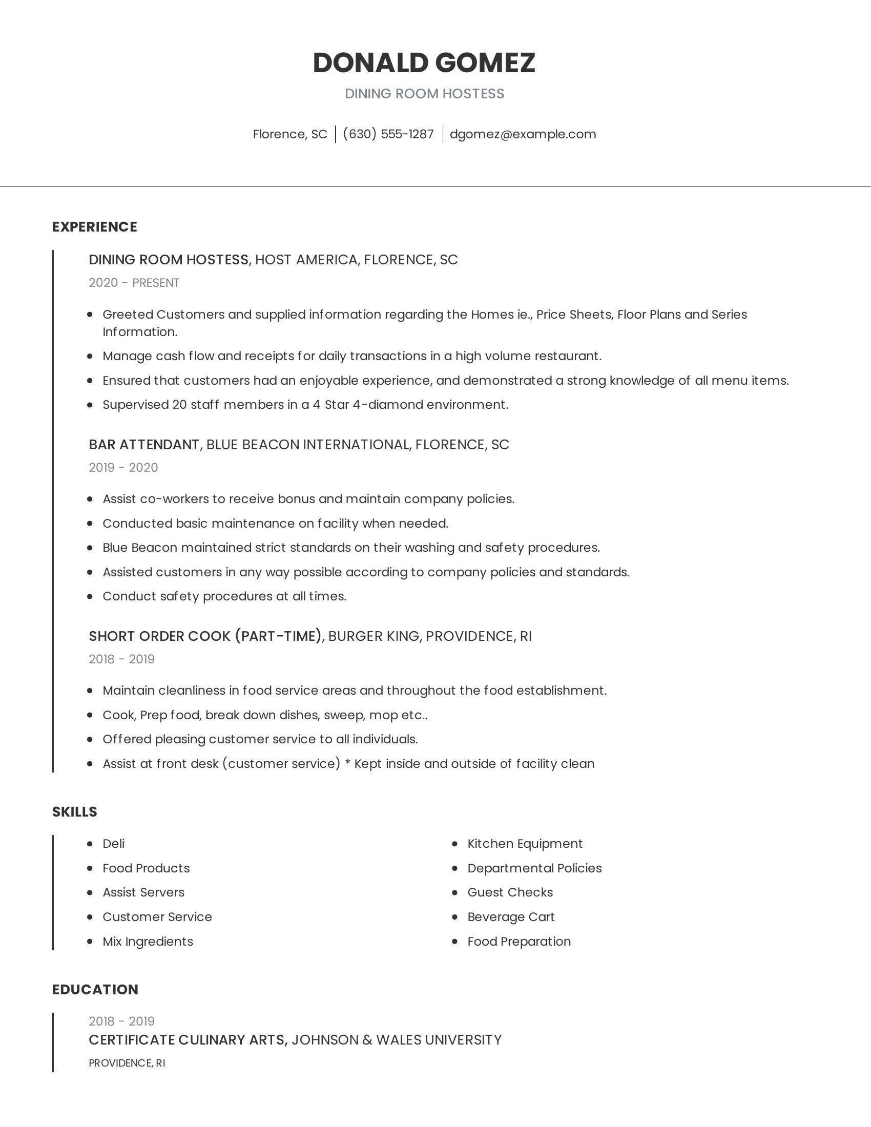 Dining Room Hostess resume example