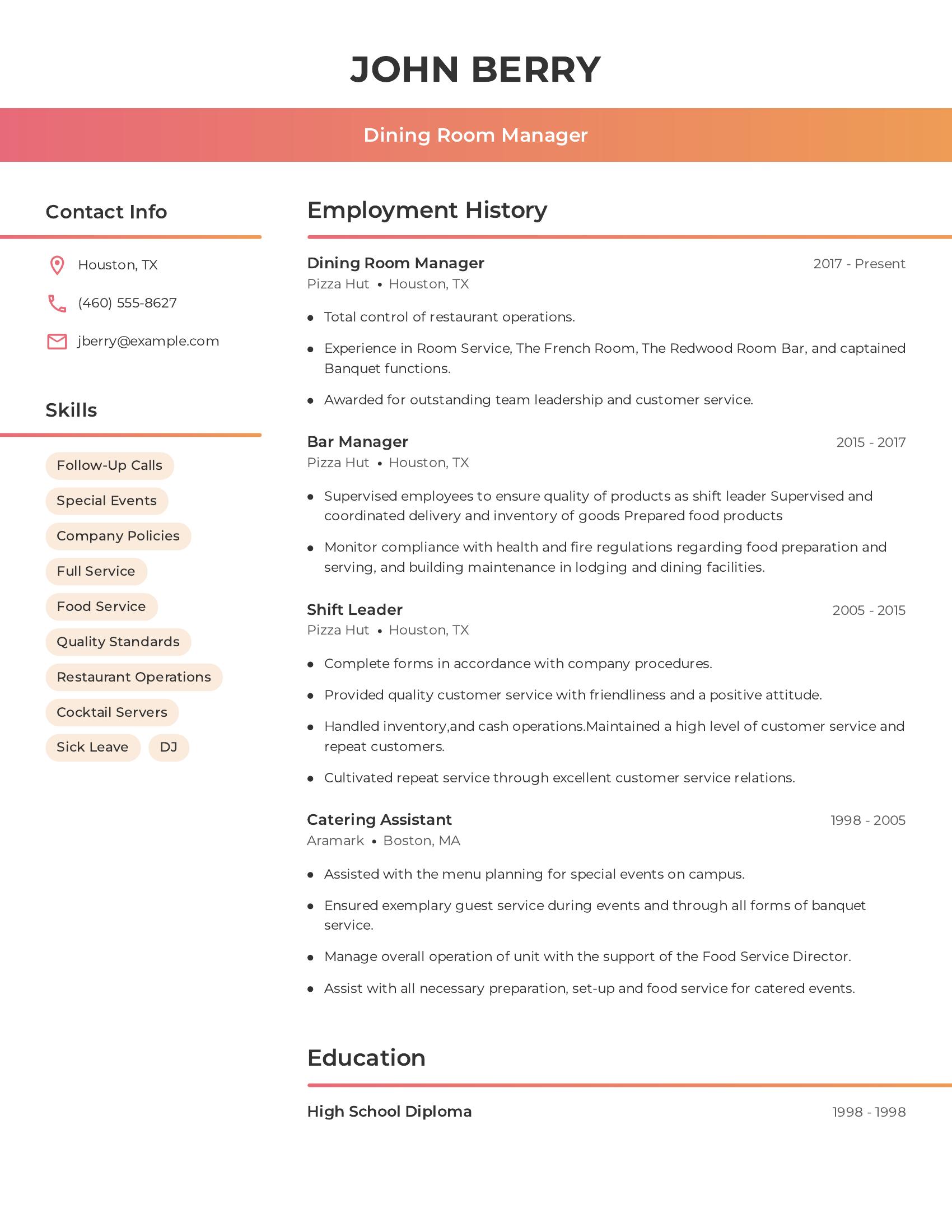 Dining Room Manager resume example