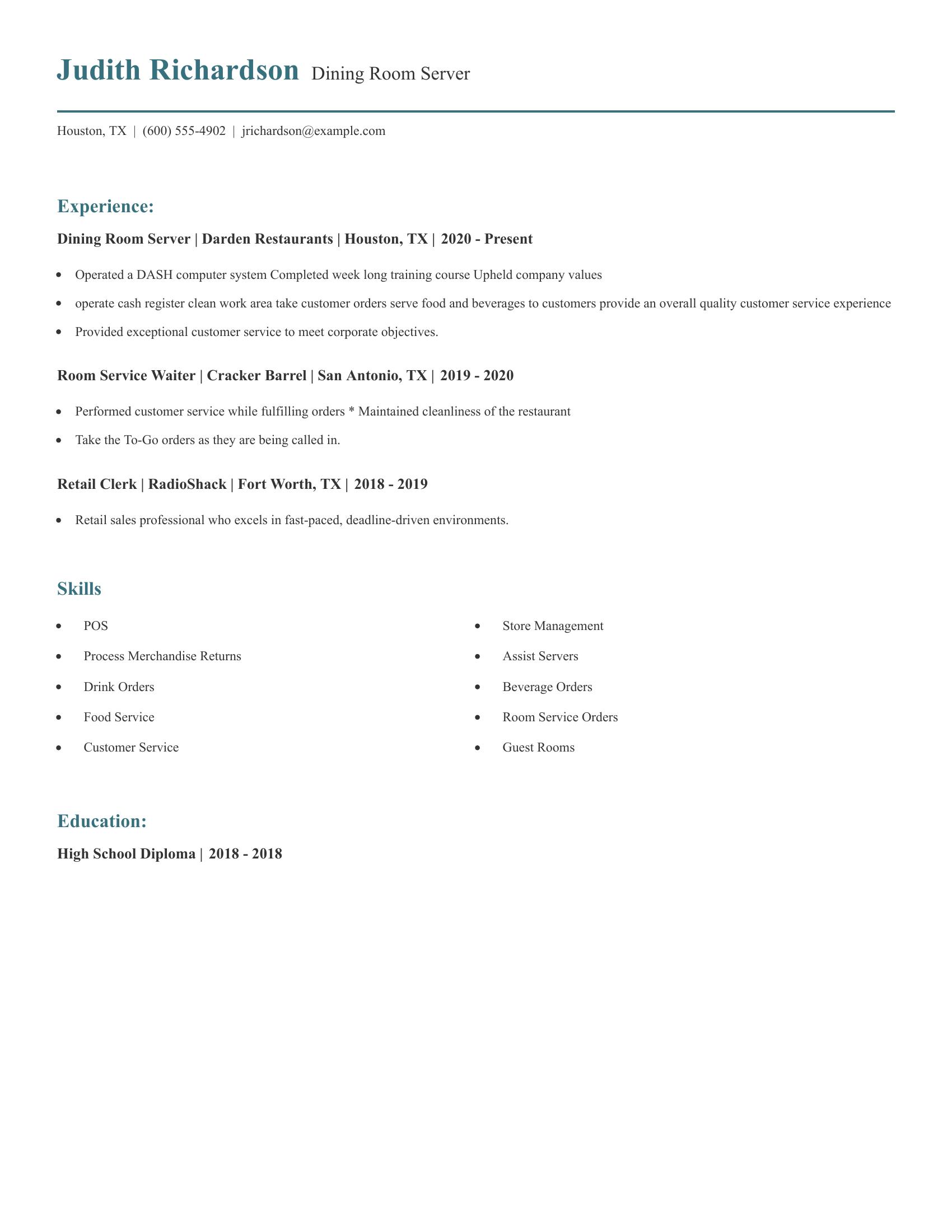 Dining Room Server resume example