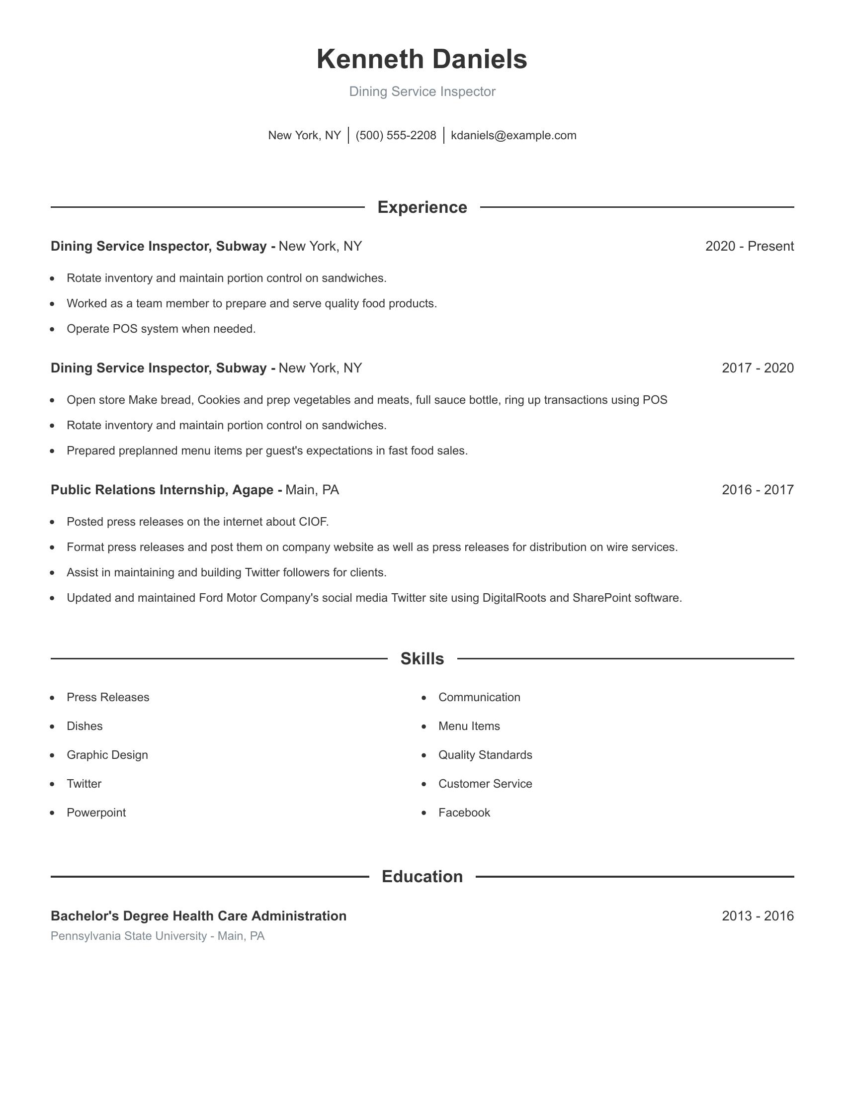 Dining Service Inspector resume example