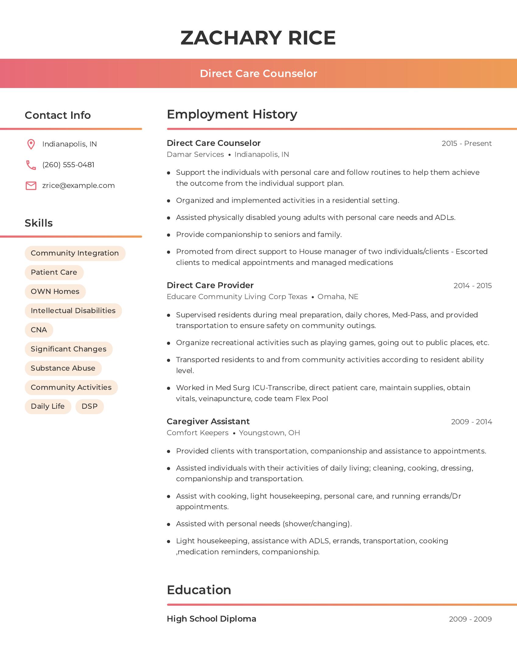 Direct Care Counselor resume example