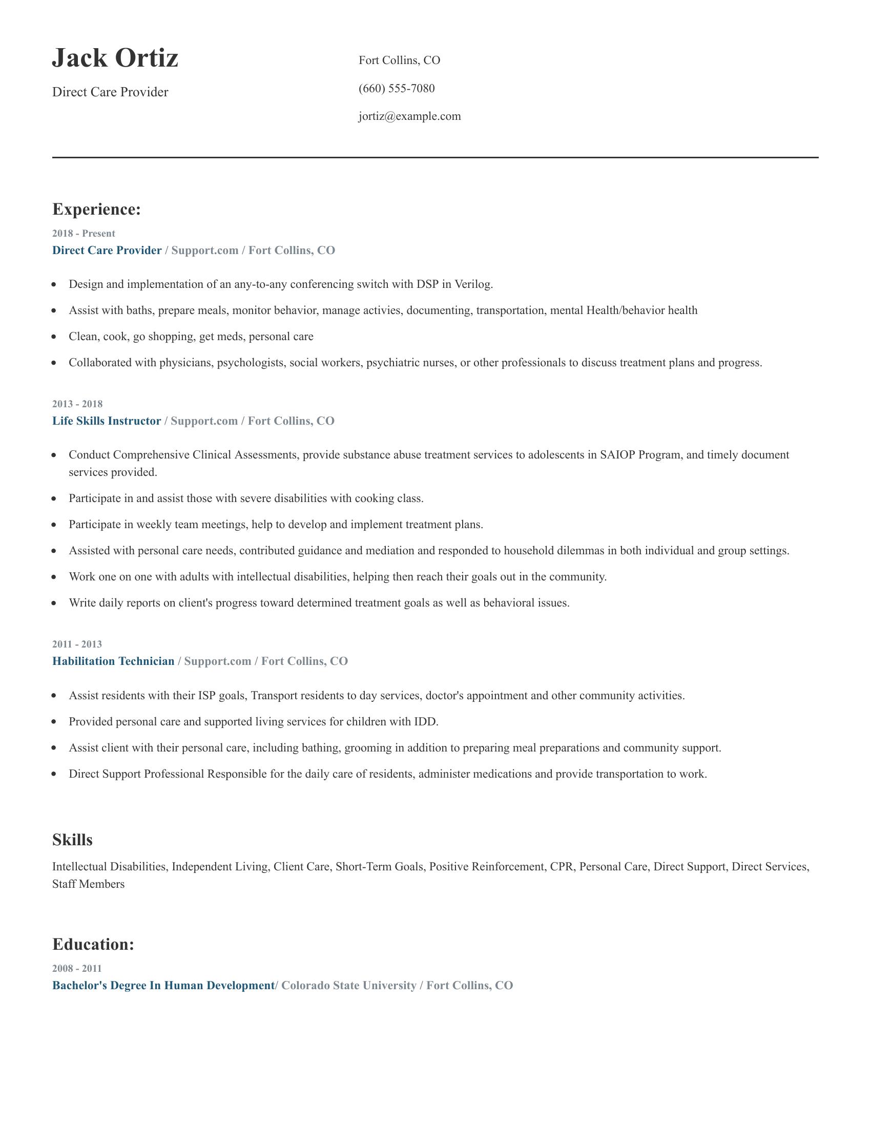 Direct Care Provider resume example