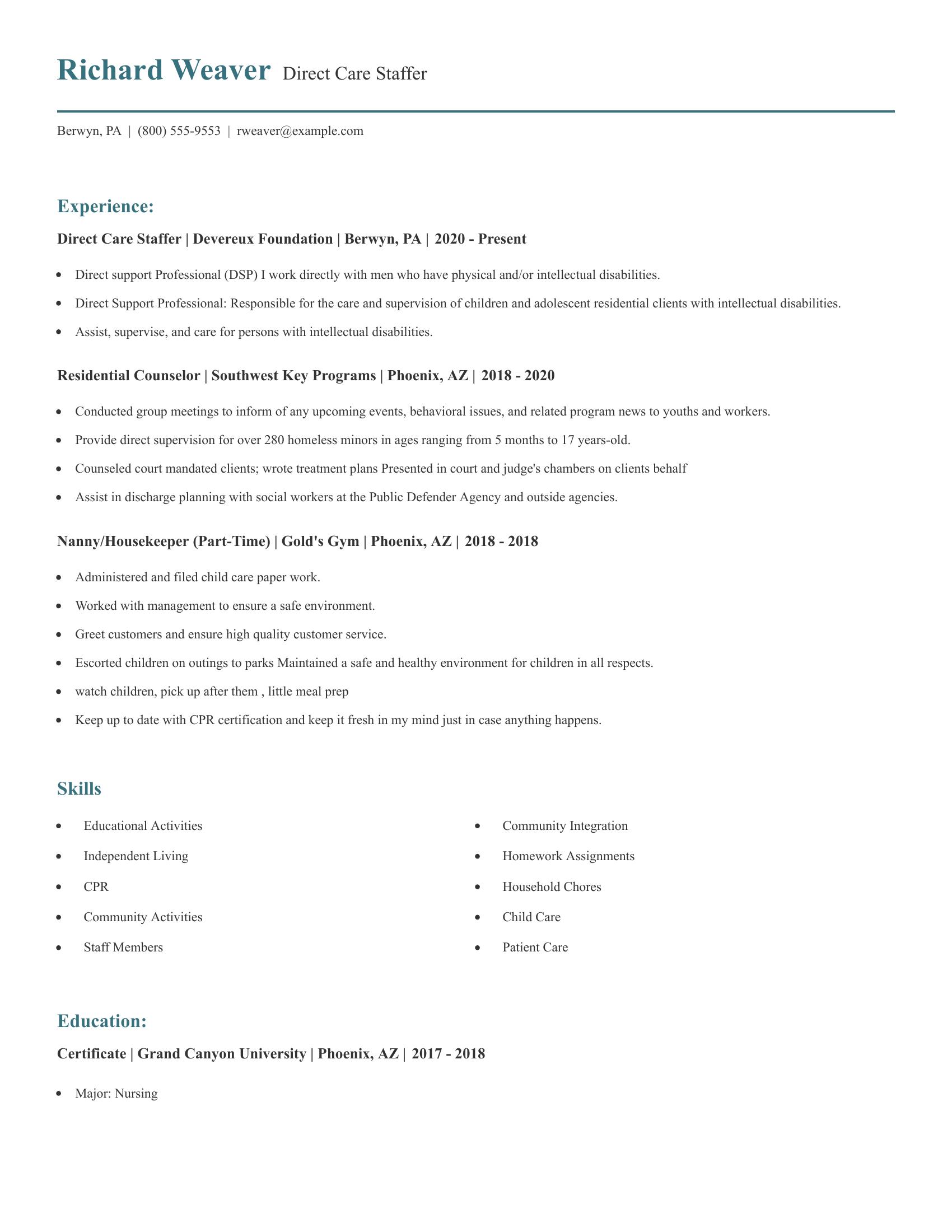 Direct Care Staffer resume example