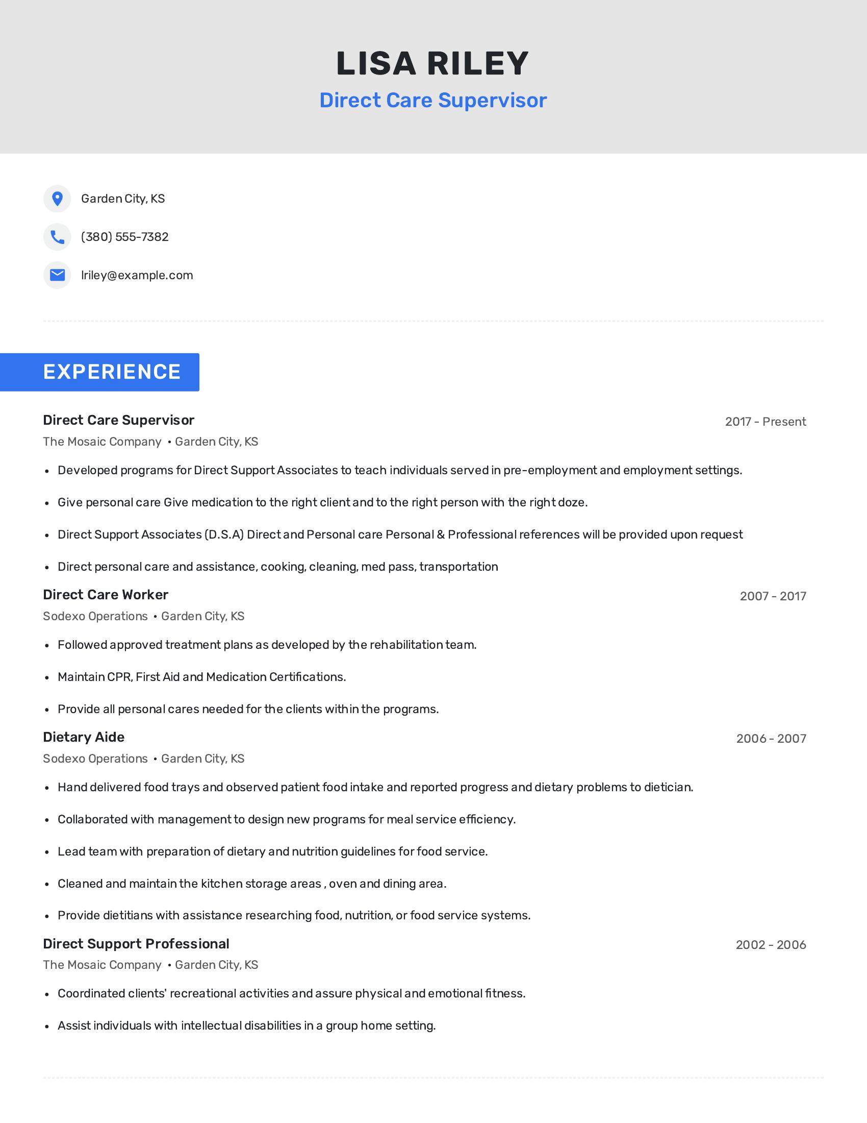 Direct Care Supervisor resume example