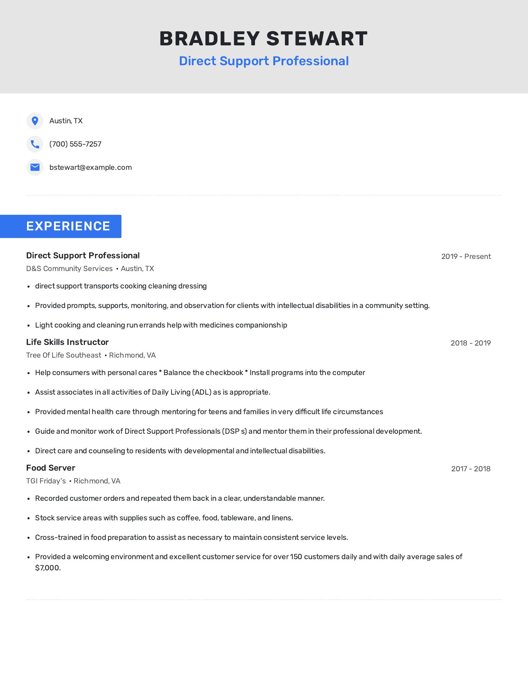 Direct Support Professional resume example