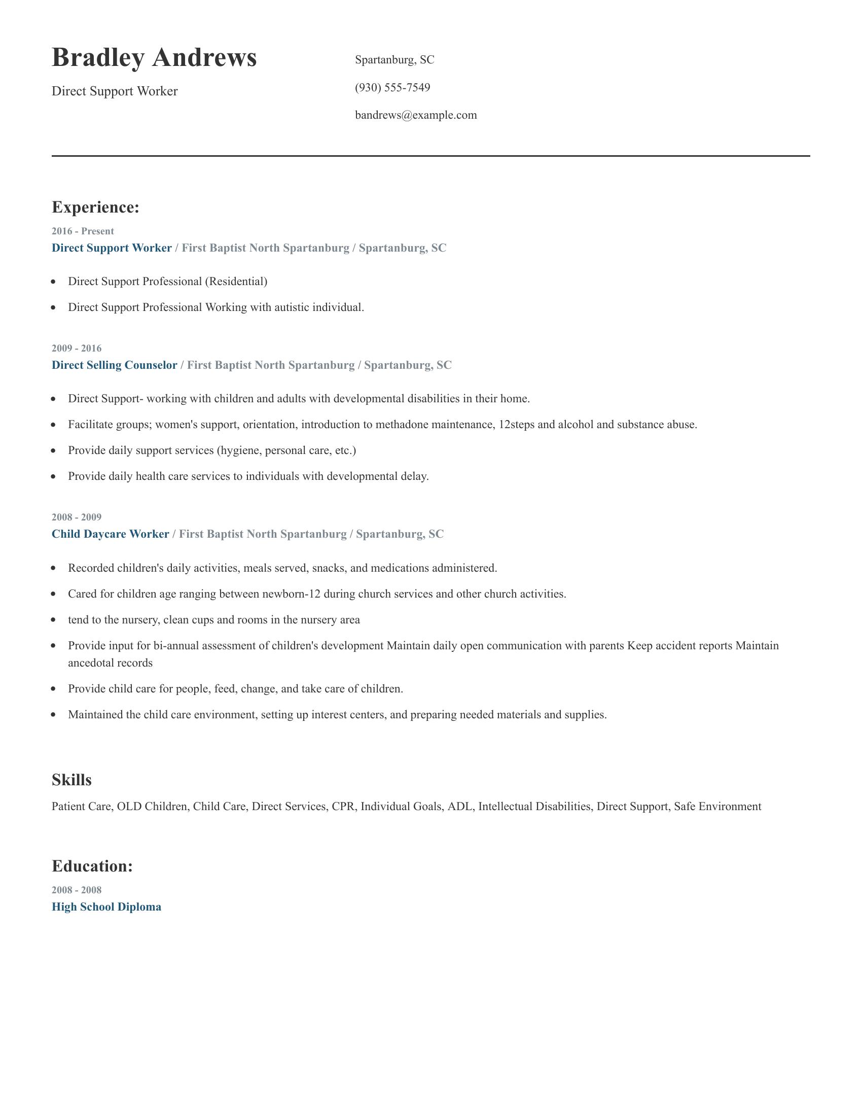 Direct Support Worker resume example