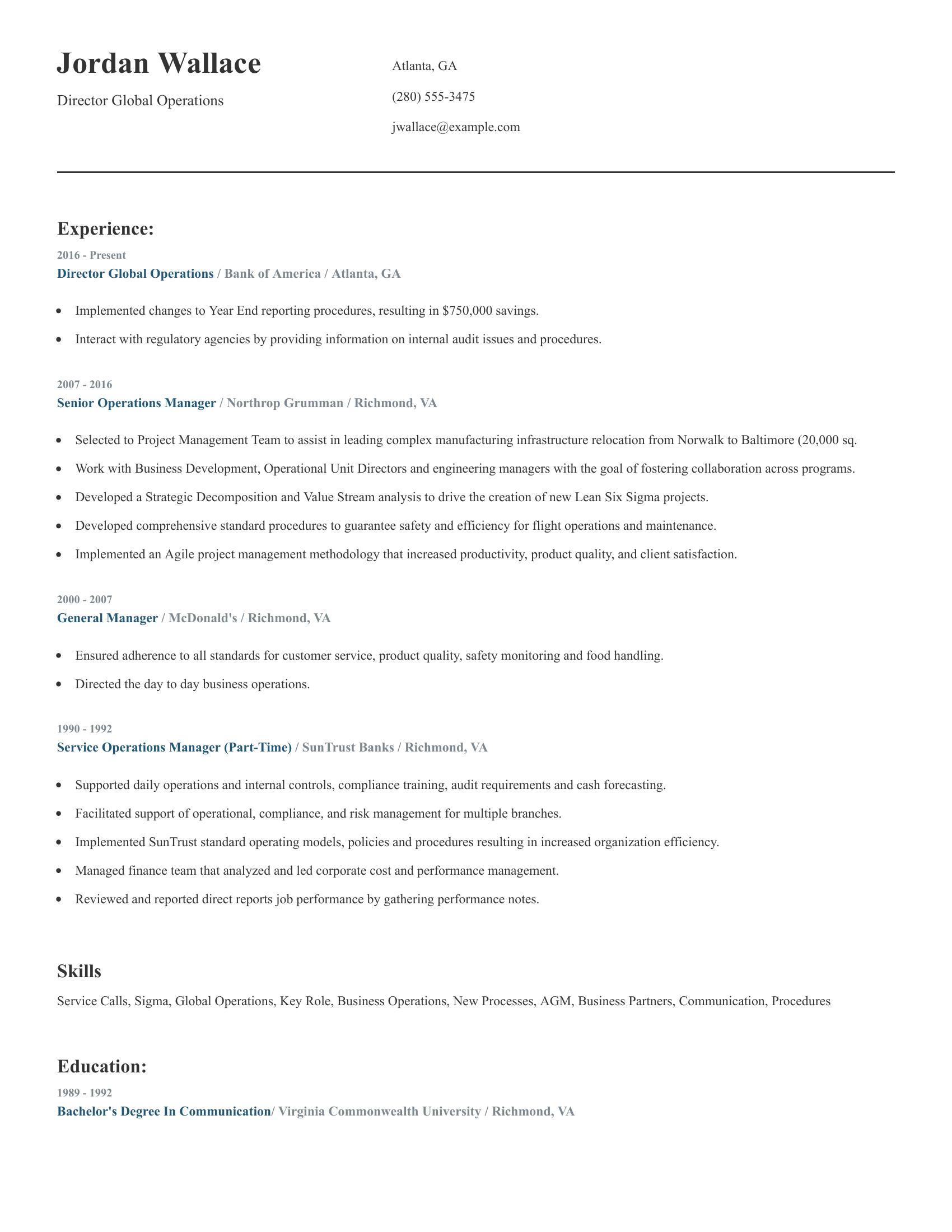 Director Global Operations resume example