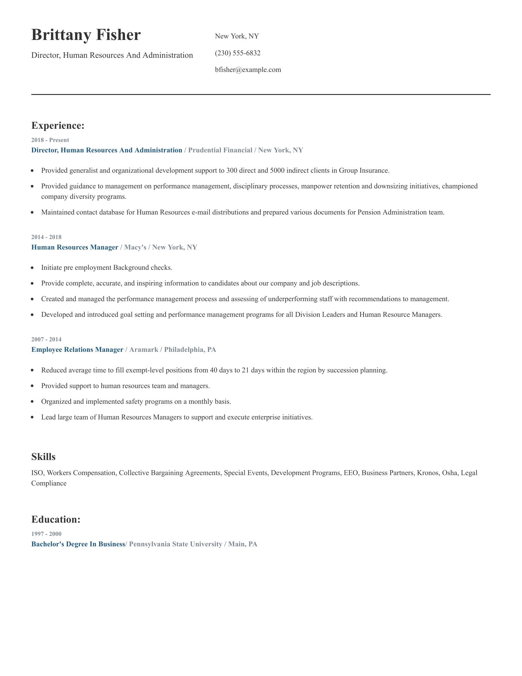 Director, Human Resources And Administration resume example