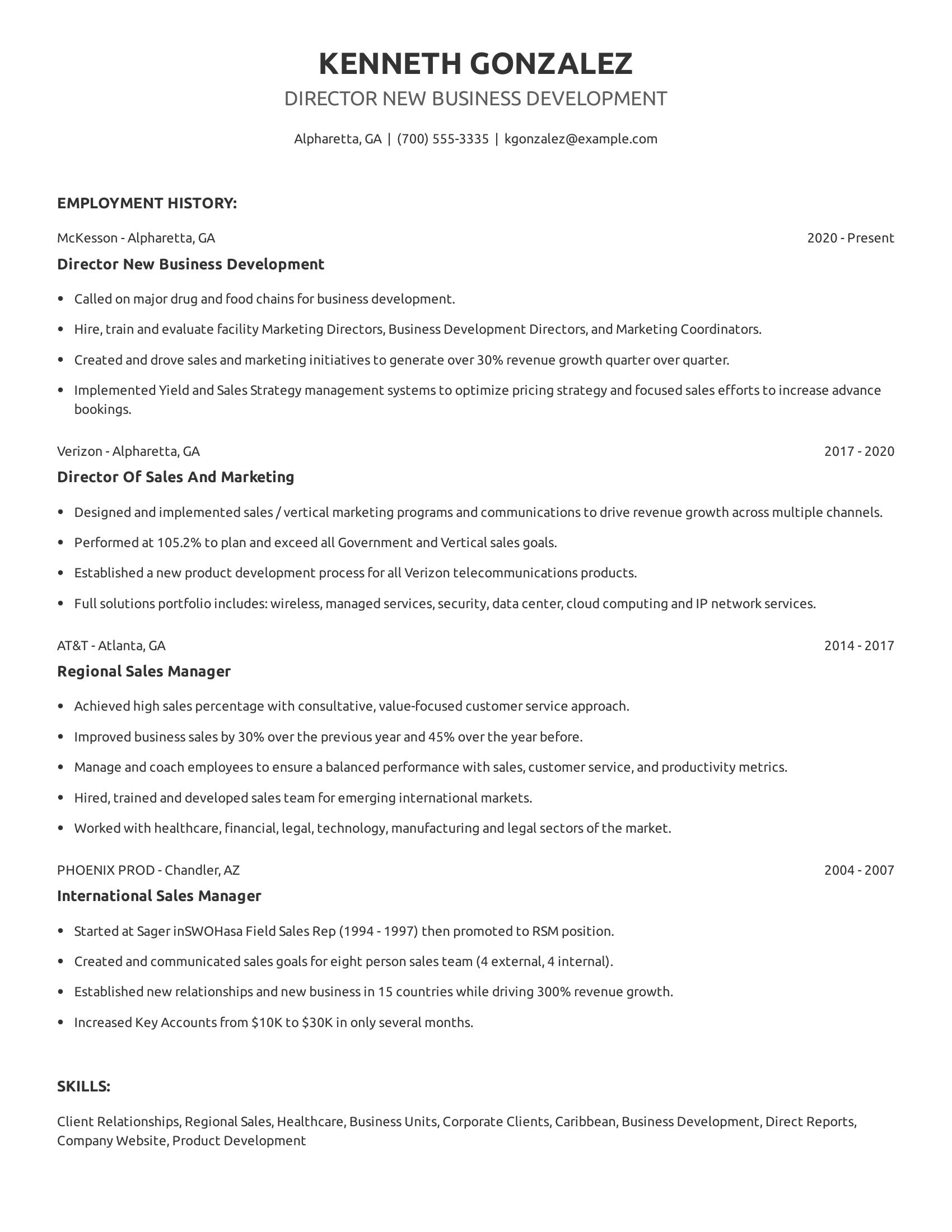 Director New Business Development resume example