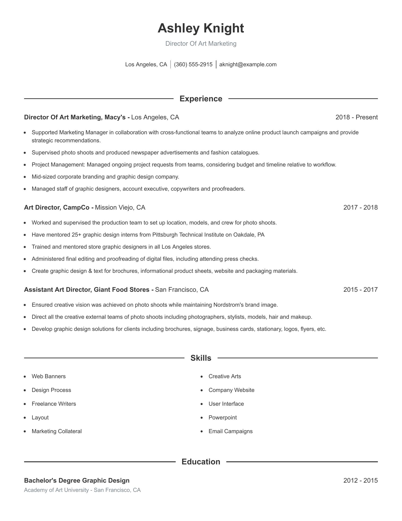 Director Of Art Marketing resume example