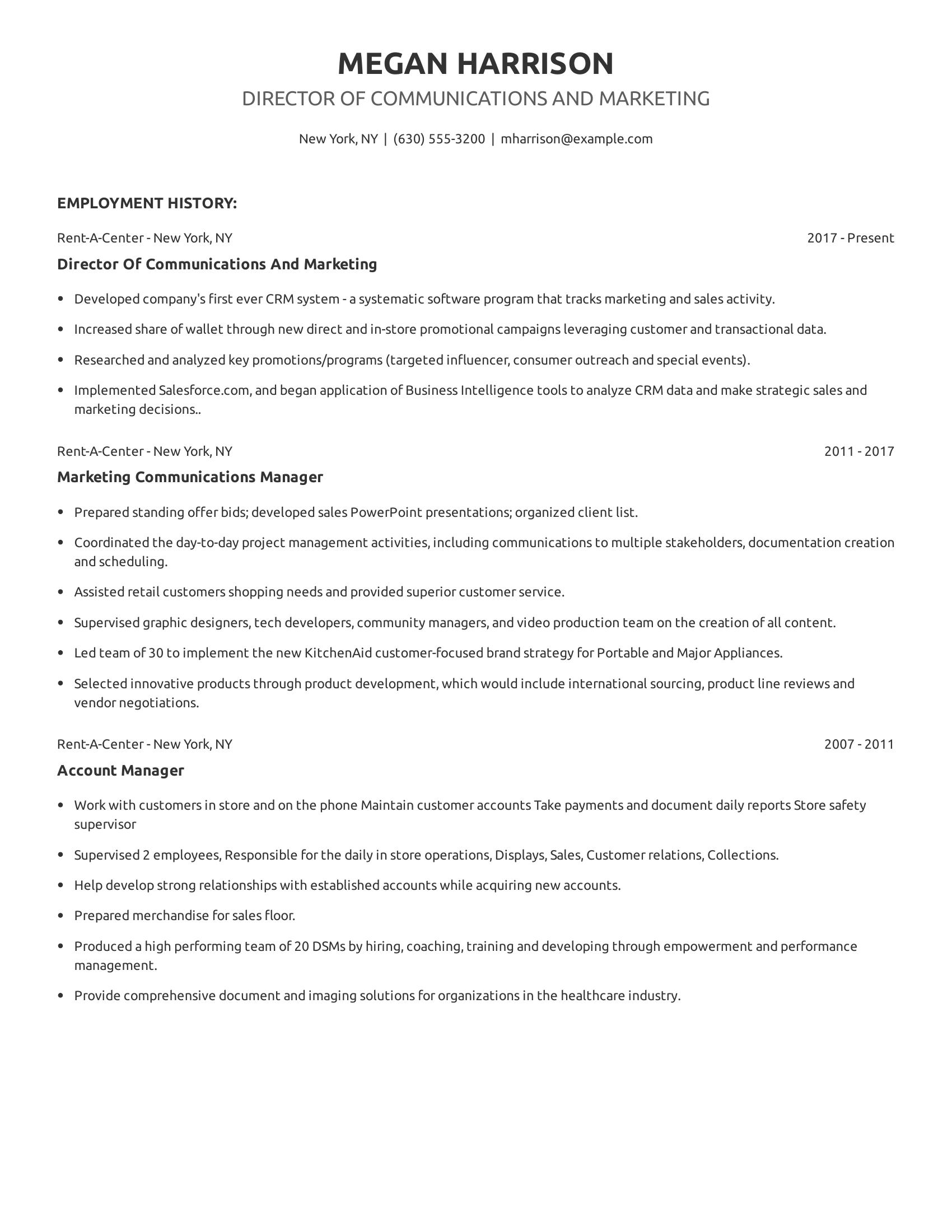 Director Of Communications And Marketing resume example