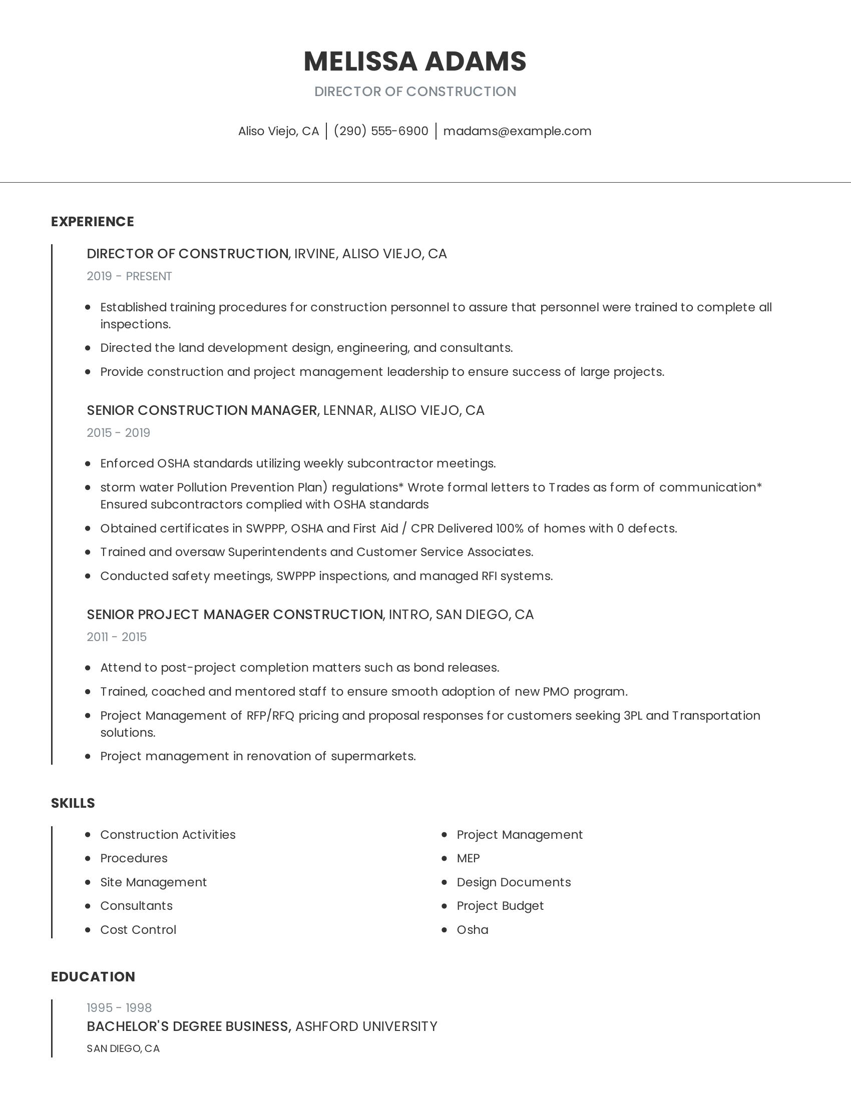 Director Of Construction resume example