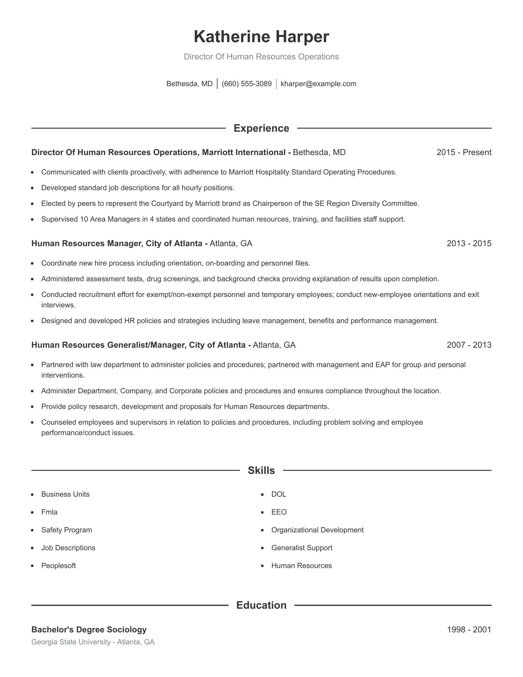 Director Of Human Resources Operations resume example