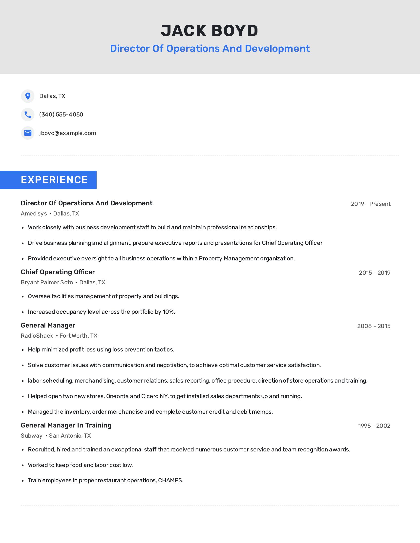 Director Of Operations And Development resume example