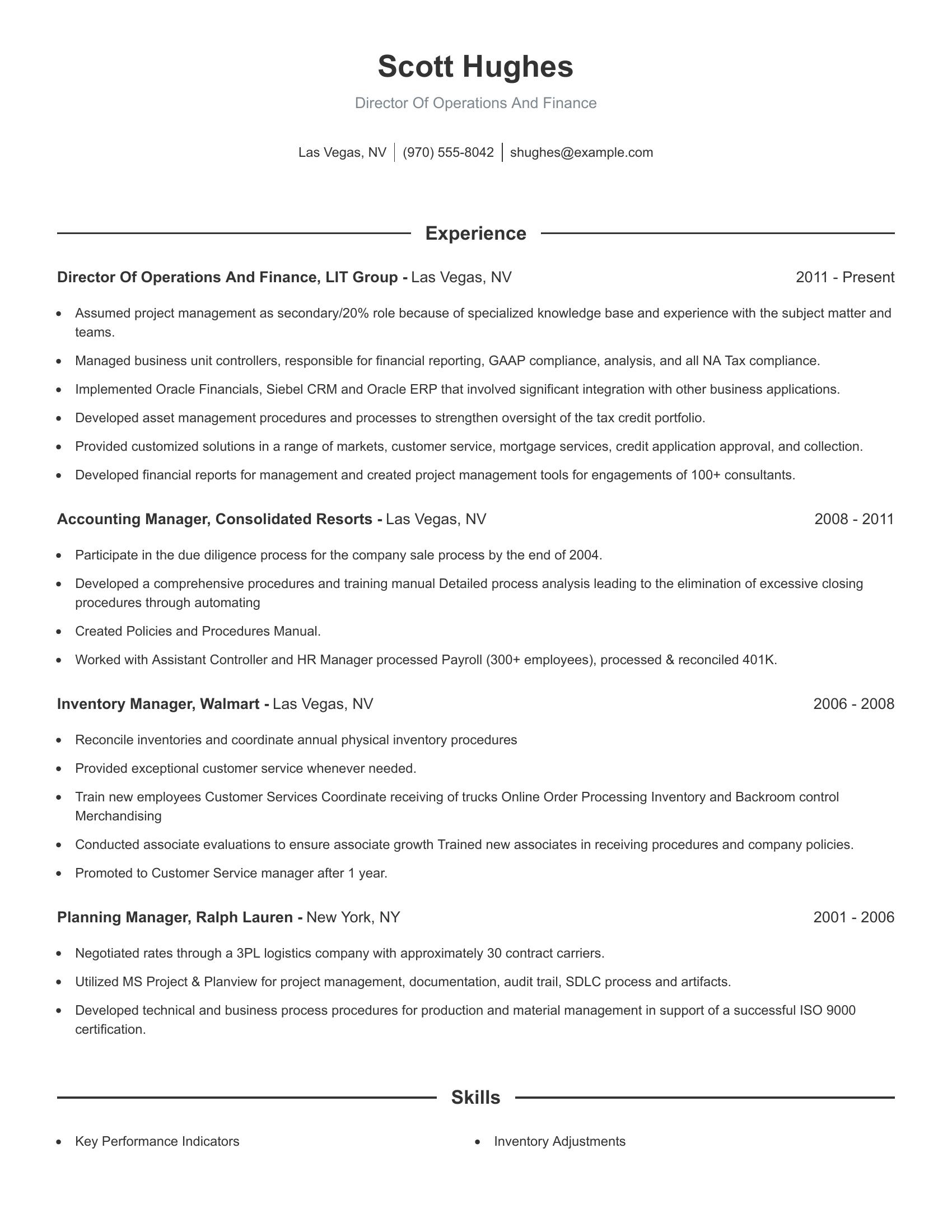 Director Of Operations And Finance resume example