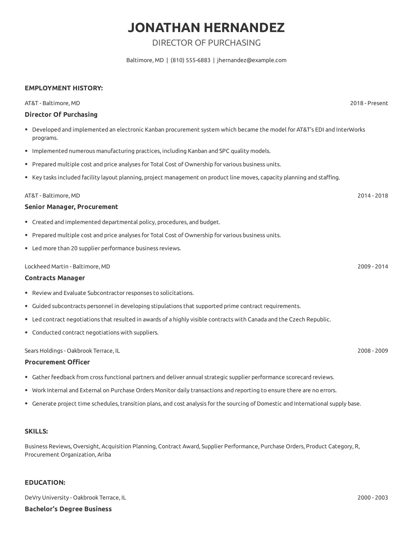 Director Of Purchasing resume example