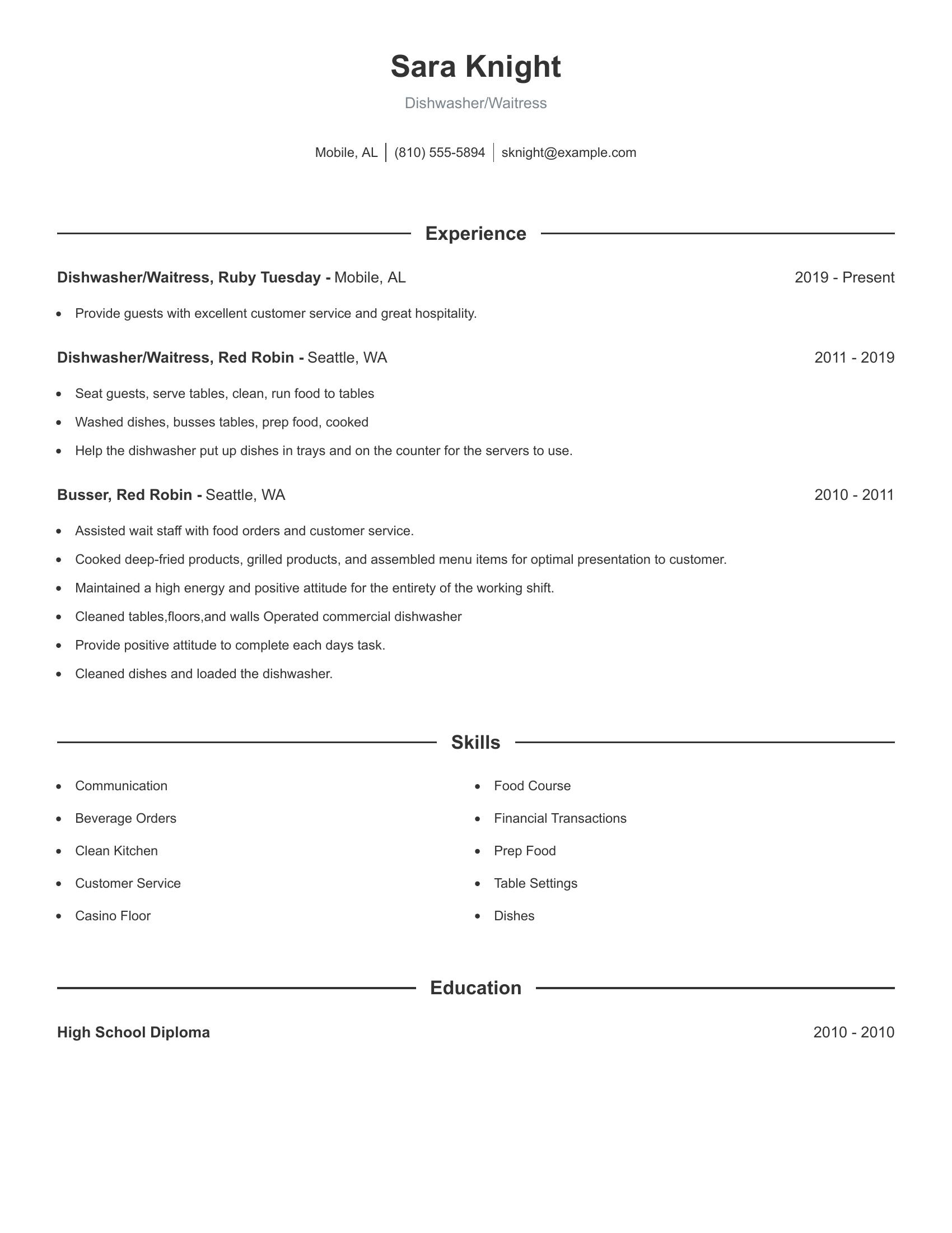 Dishwasher/Waitress resume example