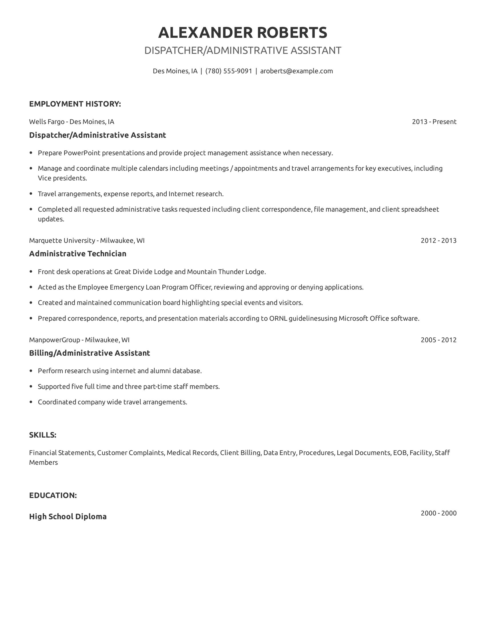 Dispatcher/Administrative Assistant resume example