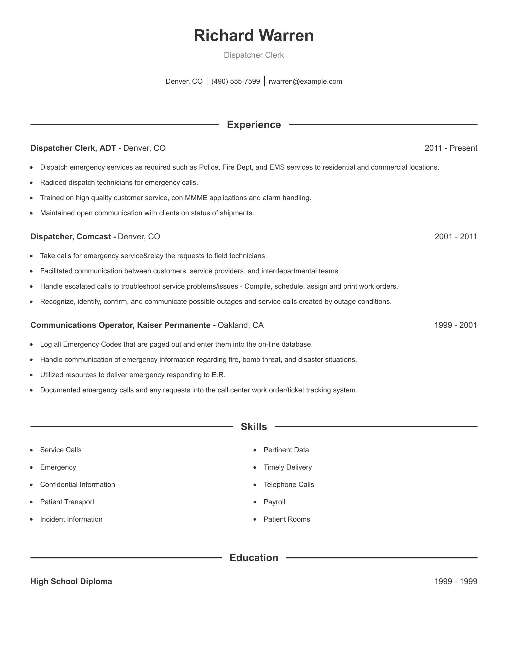 Dispatcher Clerk resume example