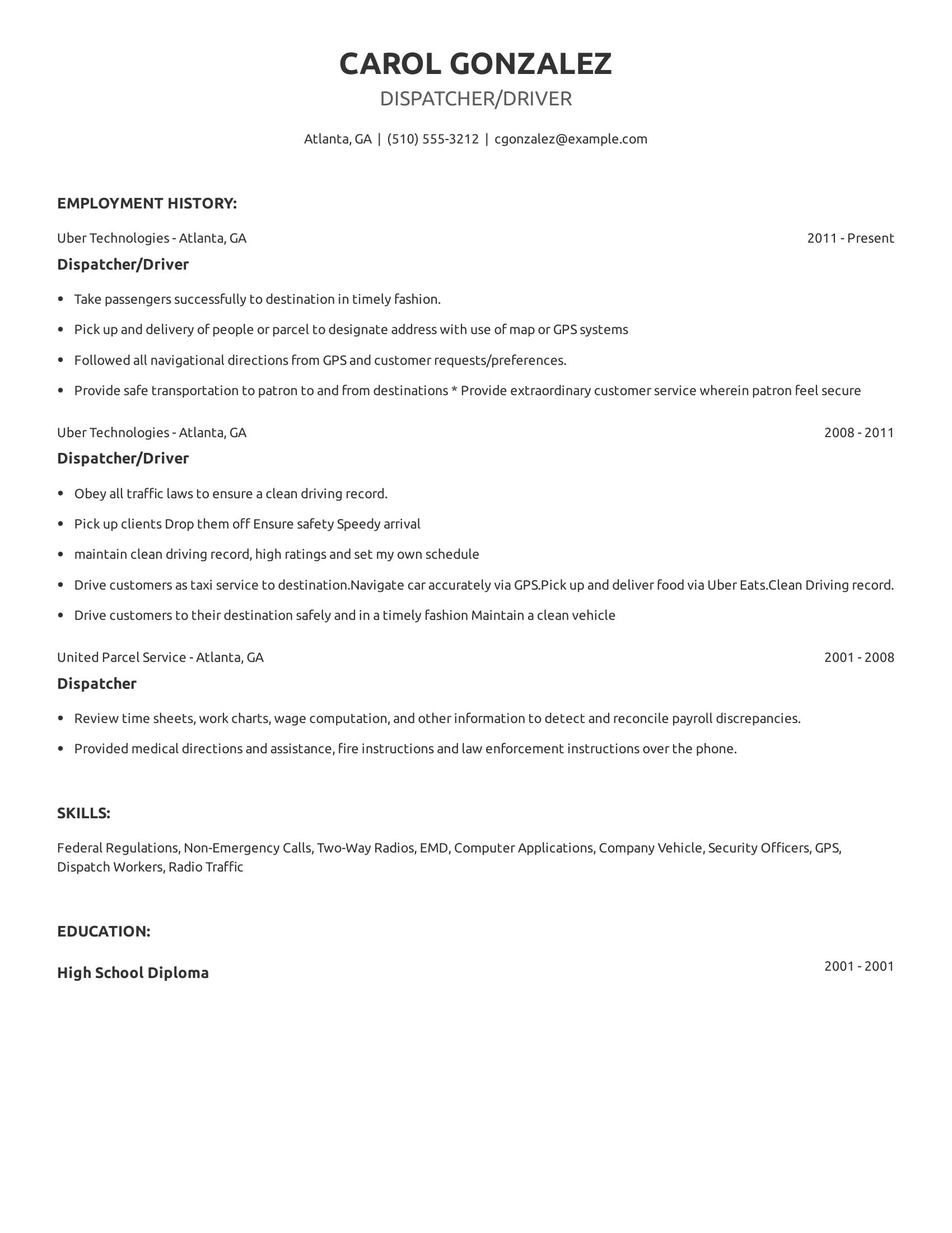 Dispatcher/Driver resume example