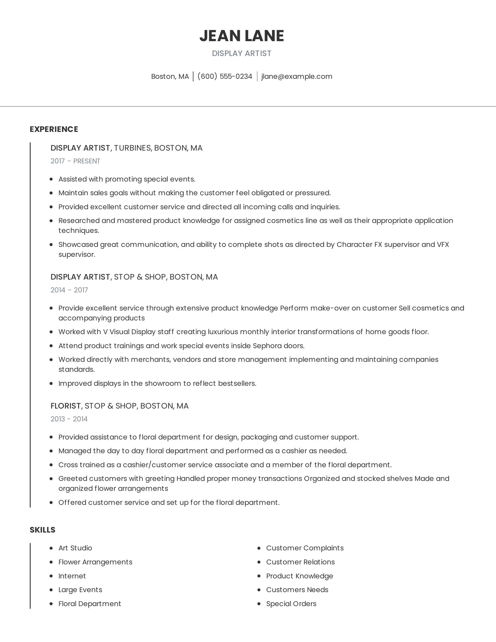 Display Artist resume example