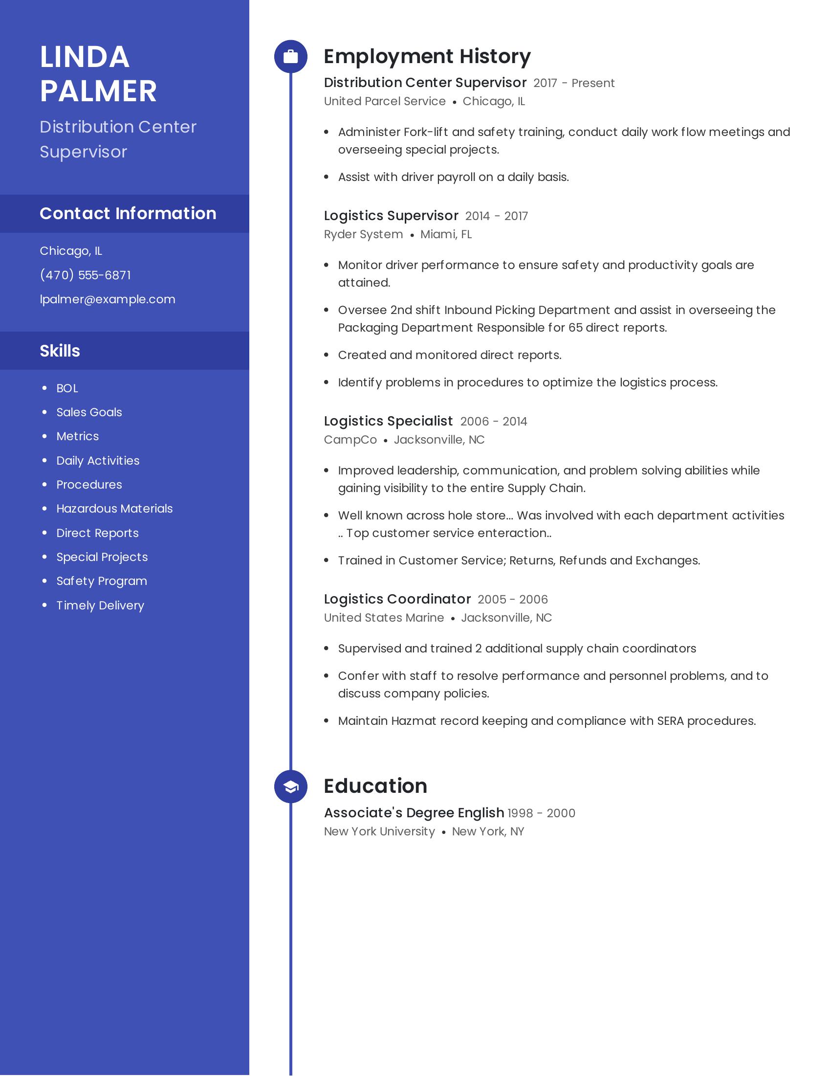 Distribution Center Supervisor resume example